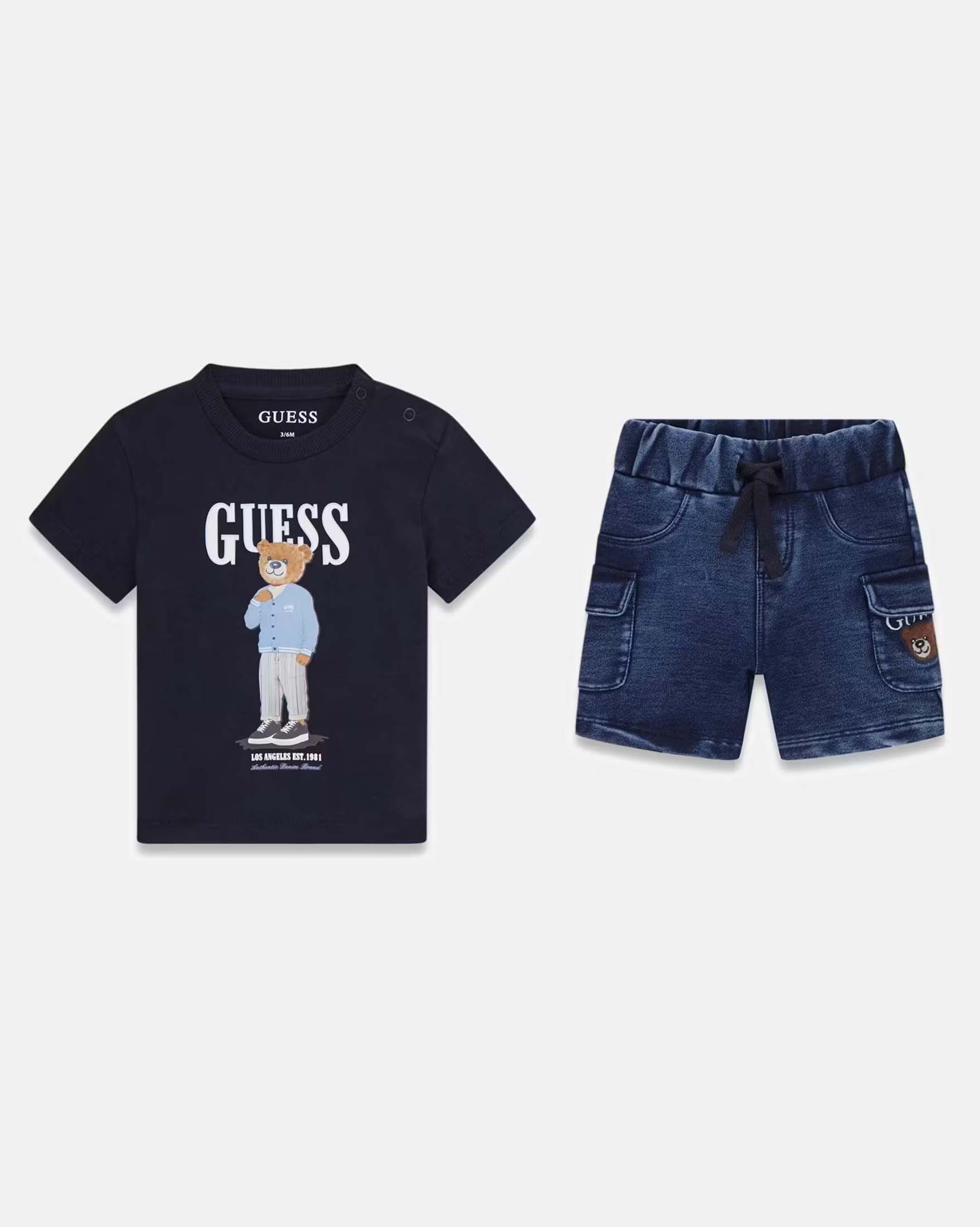 Completo T-shirt e pantaloncini Guess blu scuro in cotone con stampa orsetto