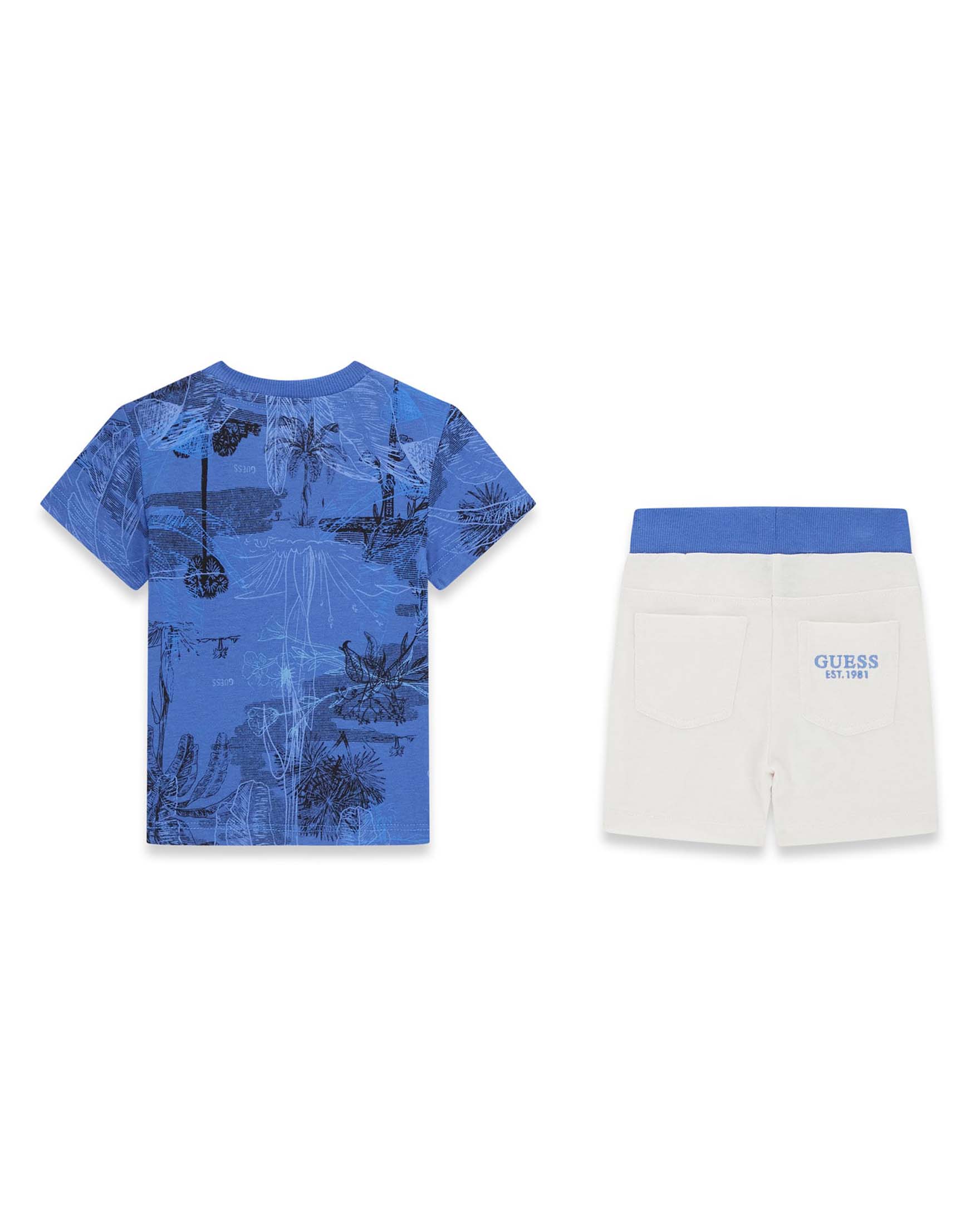 Completo T-shirt e pantaloncini Guess blu e bianco in cotone con stampa palme