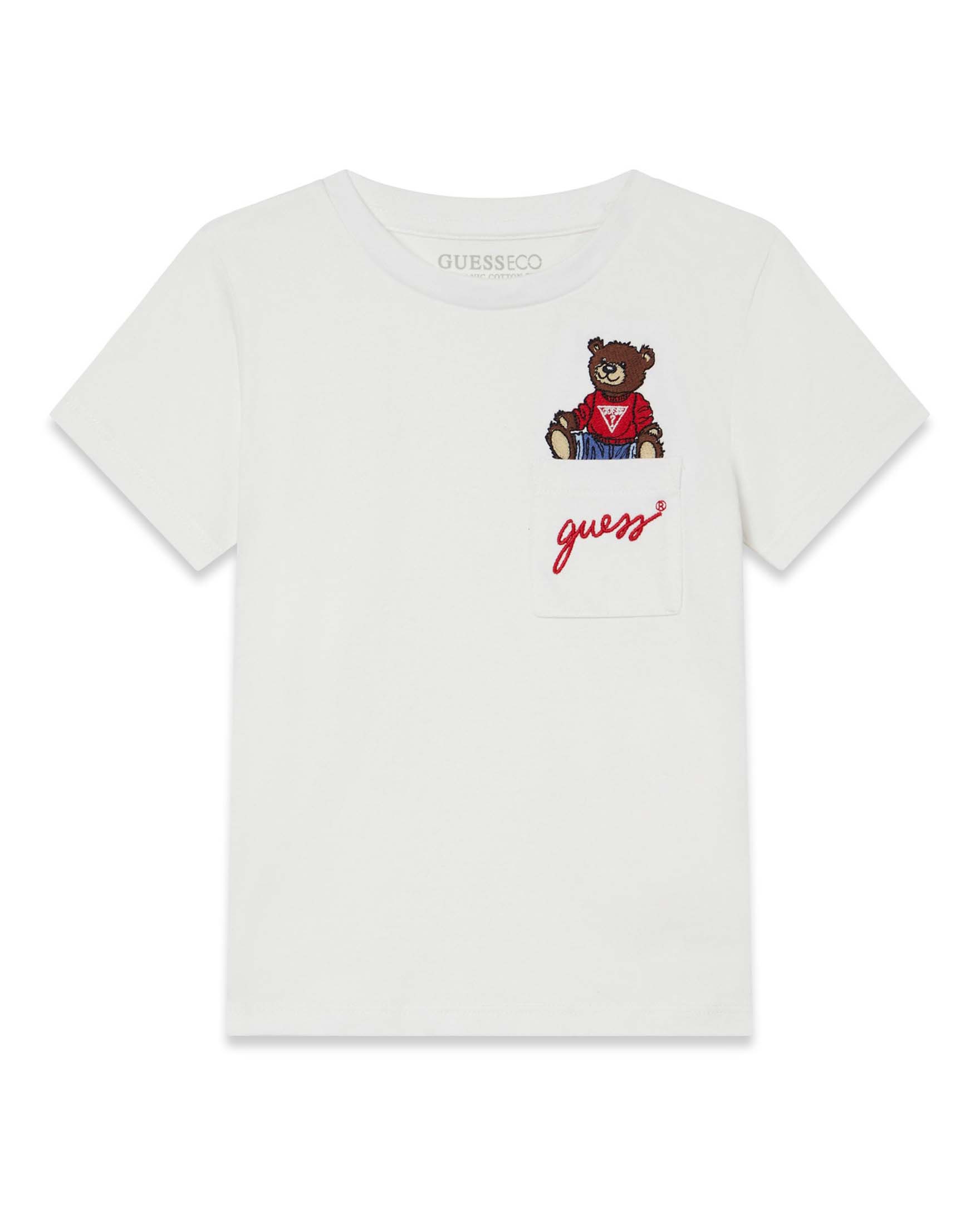 T-shirt mezza manica Guess bianca in cotone con taschino e orsetto ricamato