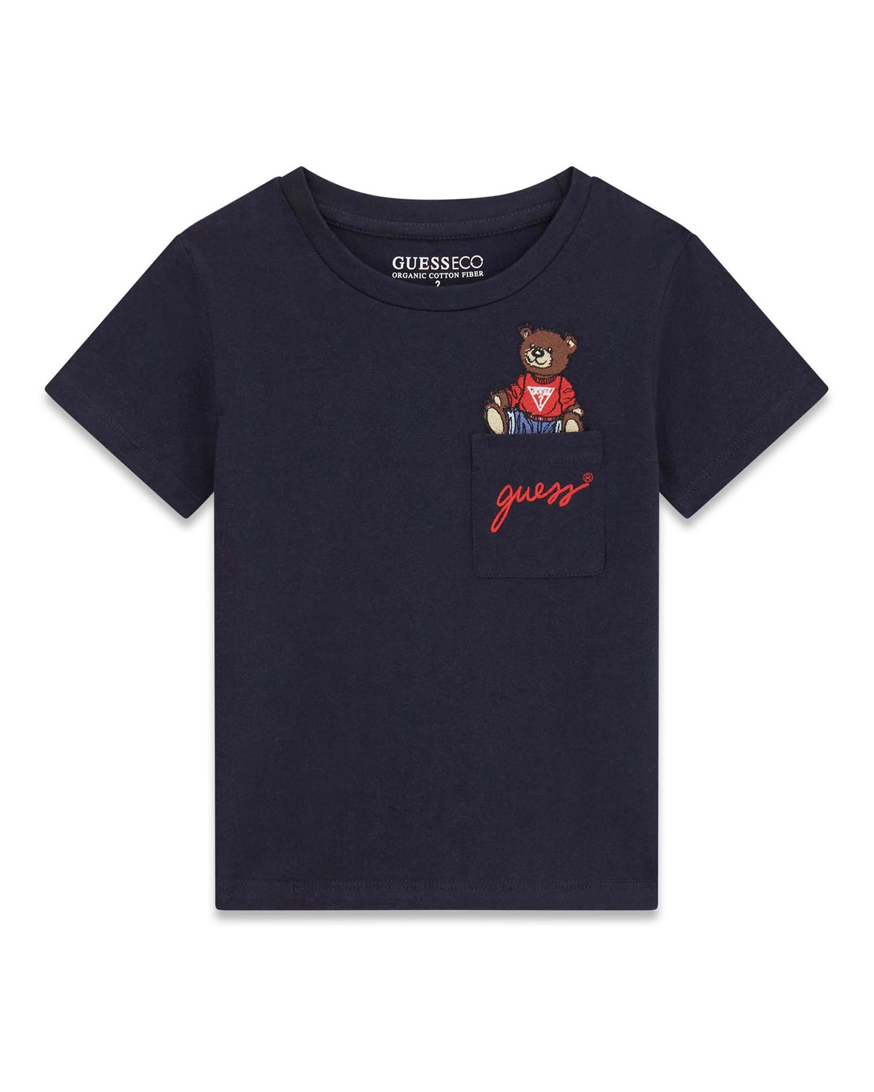 T-shirt mezza manica Guess blu in cotone con orsetto ricamato sul taschino