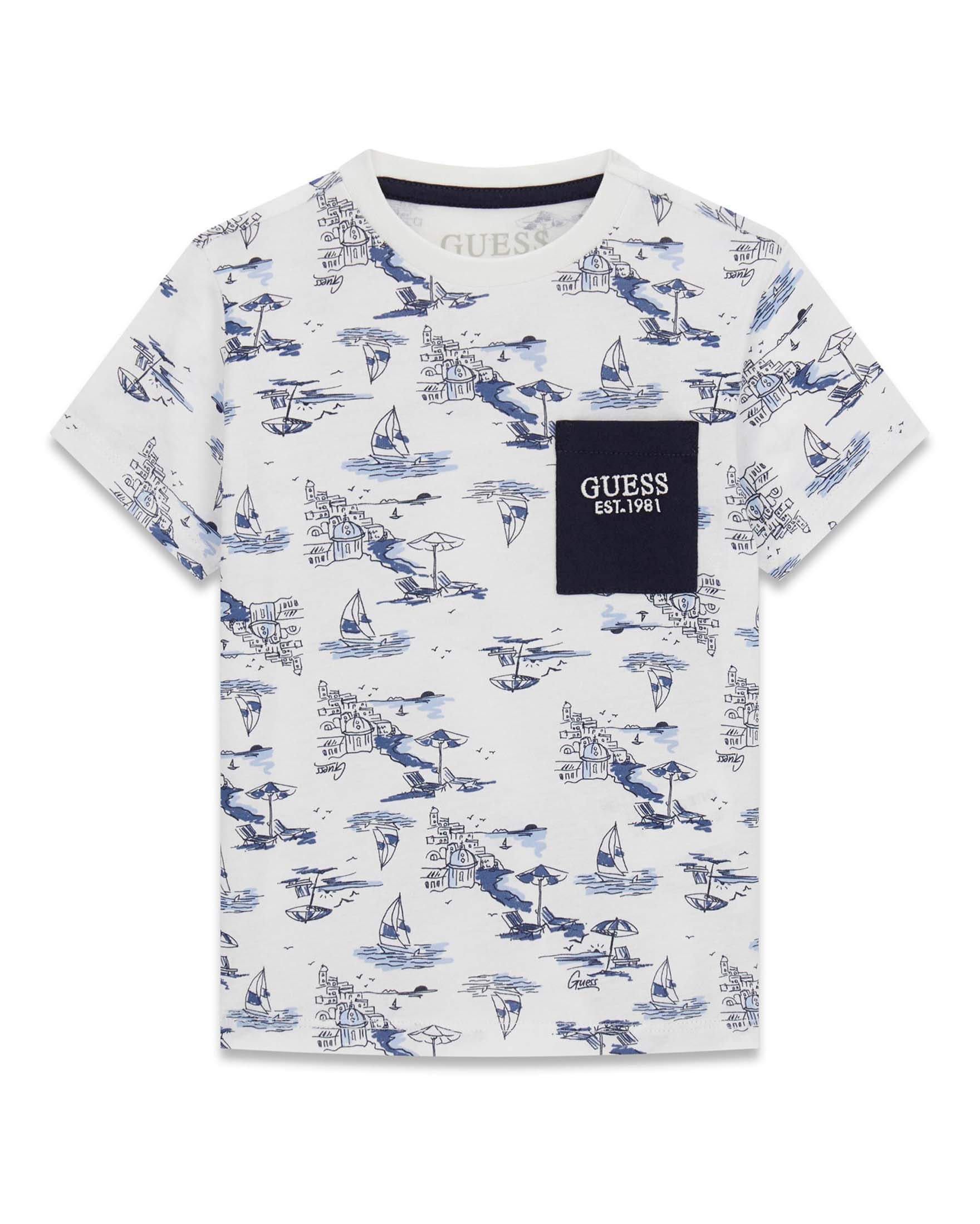 T-shirt mezza manica Guess bianca in cotone con stampa nautica e logo ricamato