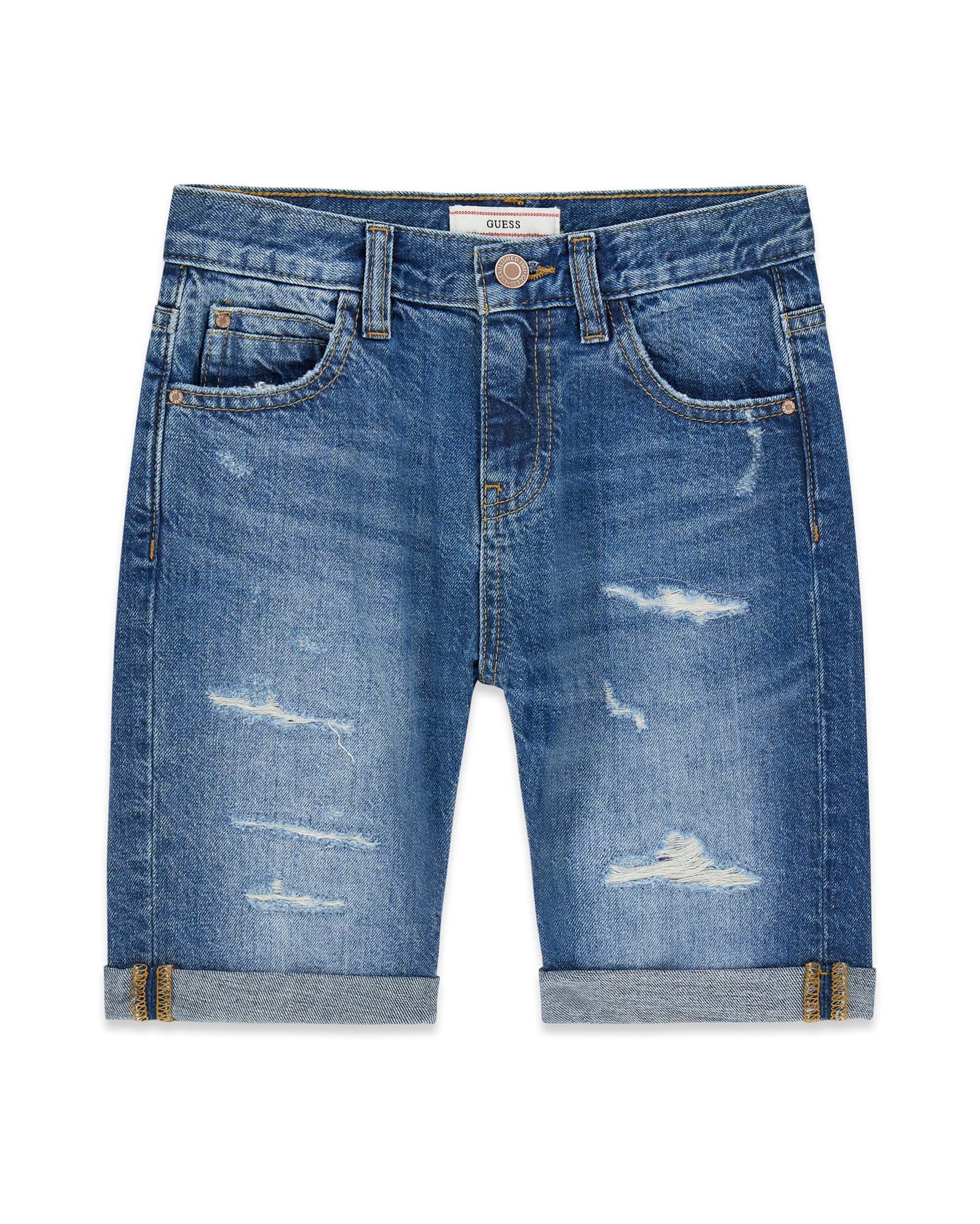 Bermuda in denim Guess lavaggio medio in misto cotone con logo ricamato
