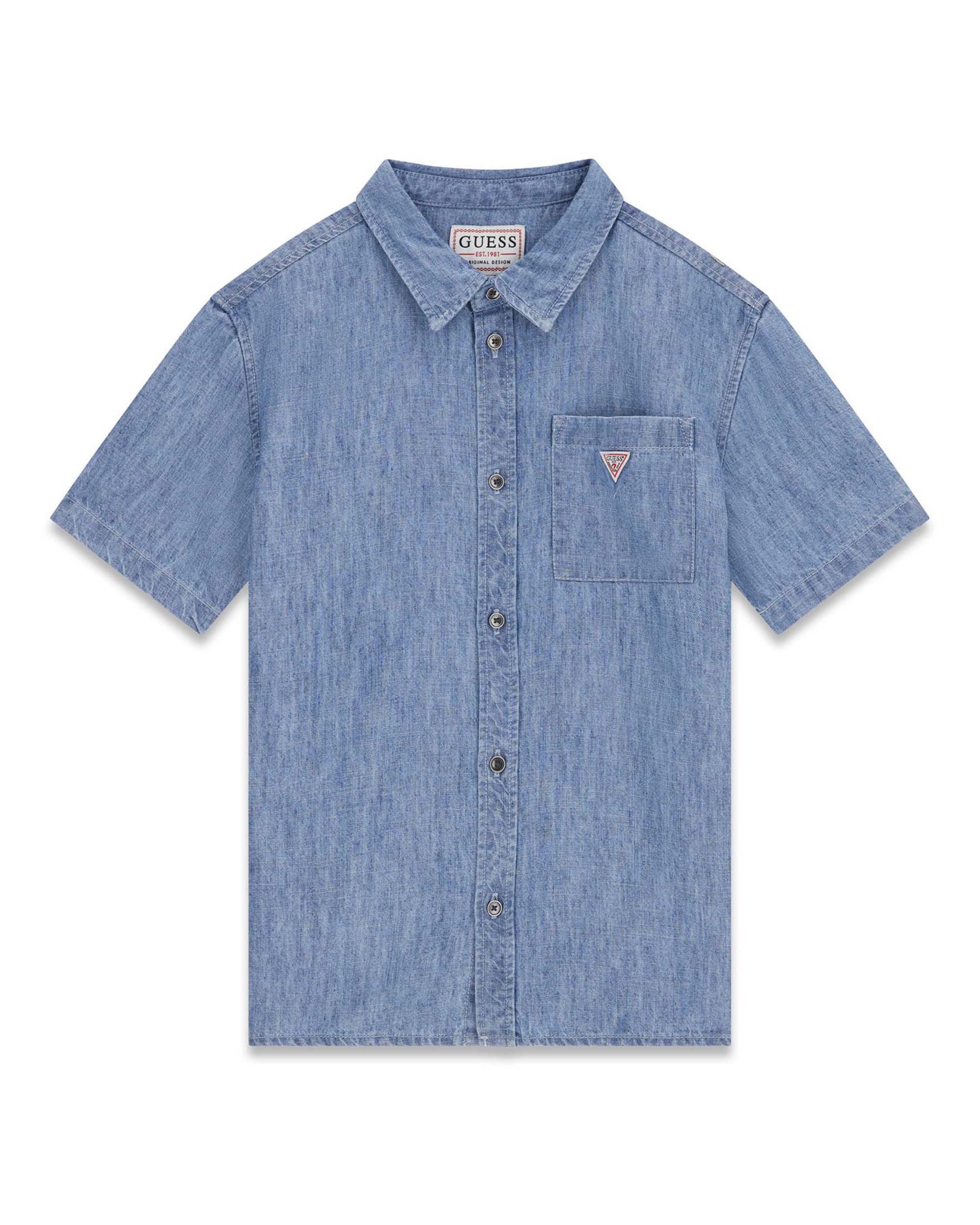 Camicia a maniche corte azzurra in misto lyocell con toppa logo