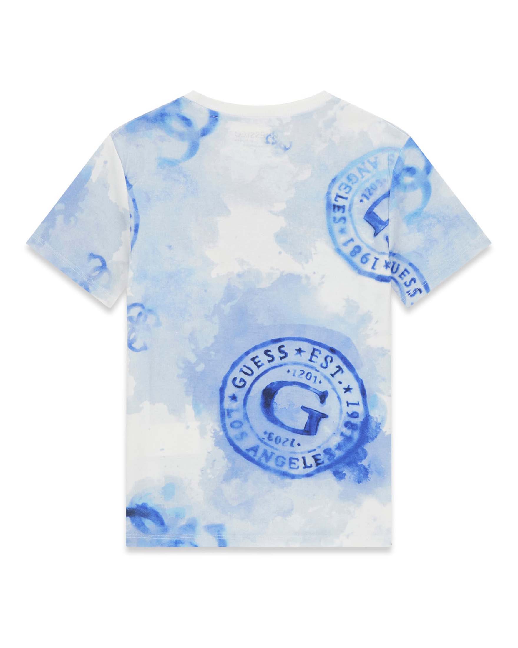 T-shirt mezza manica Guess azzurra in cotone con stampa fantasia e logo