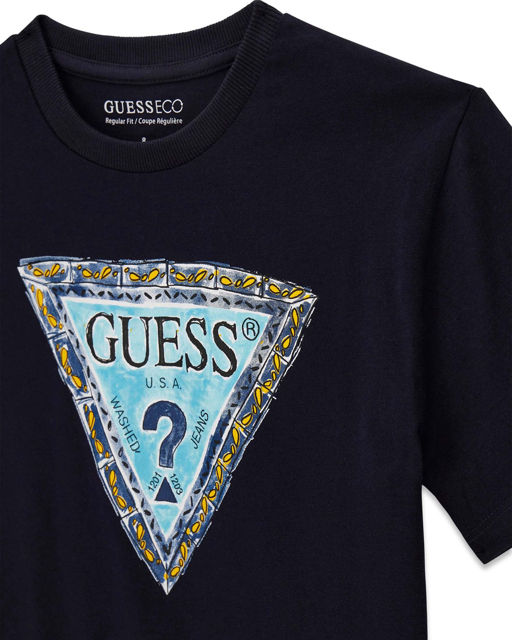 T-shirt mezza manica Guess blu in cotone con stampa logo a triangolo