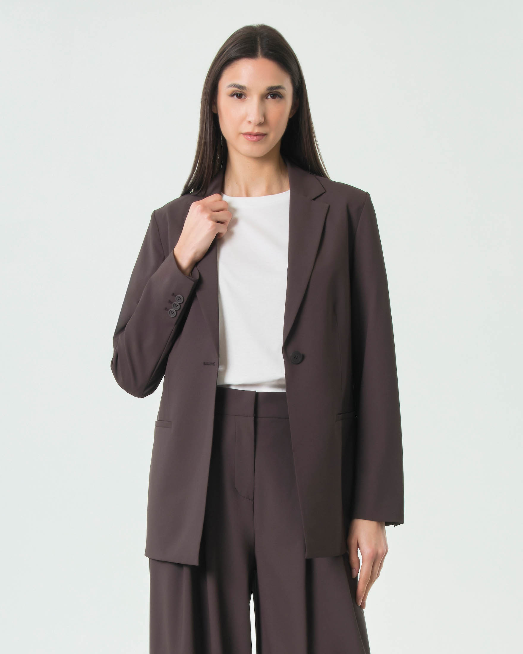 Blazer monopetto Dione Duno marrone in tessuto tecnico stretch