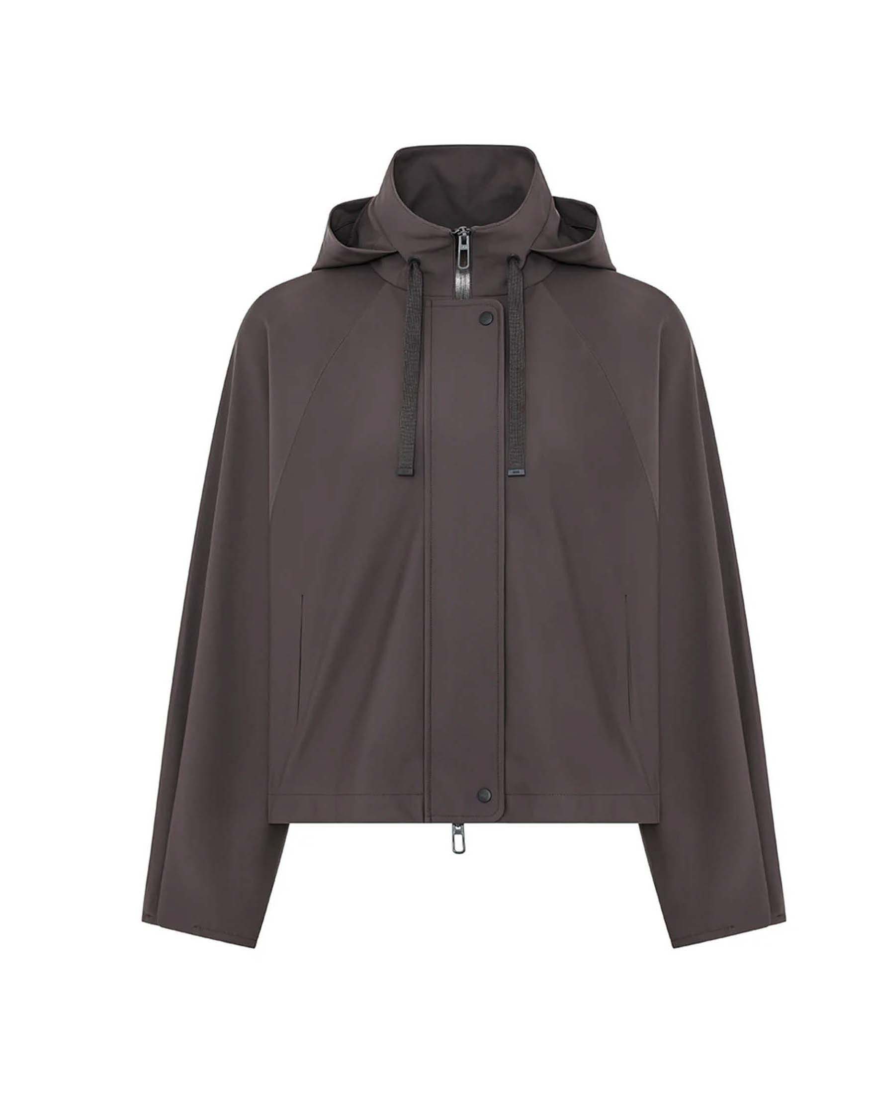 Giacca corta Clove Duno marrone in tessuto tecnico stretch con cappuccio regolabile