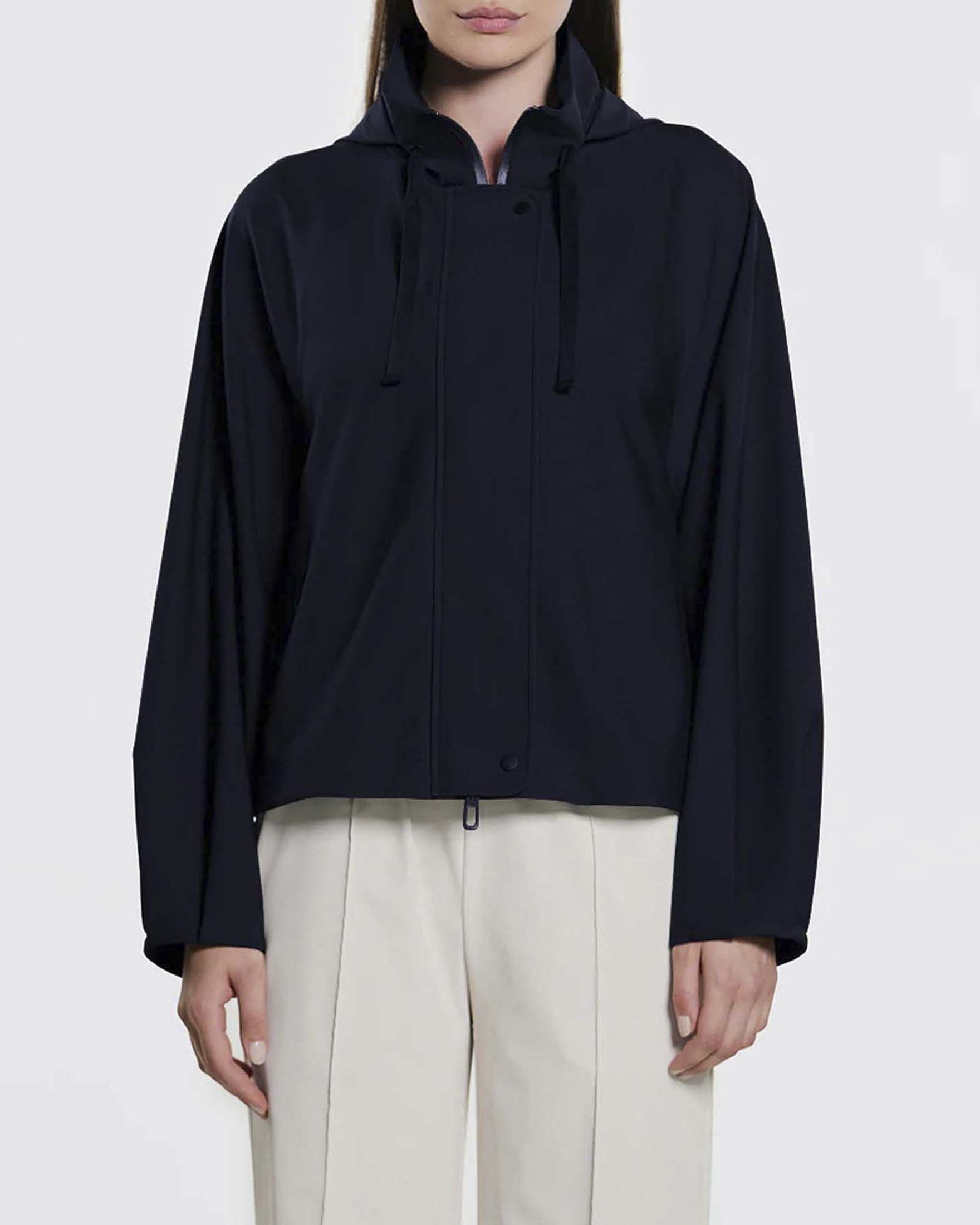 Giacca corta Clove Duno blu in tessuto tecnico stretch con cappuccio regolabile