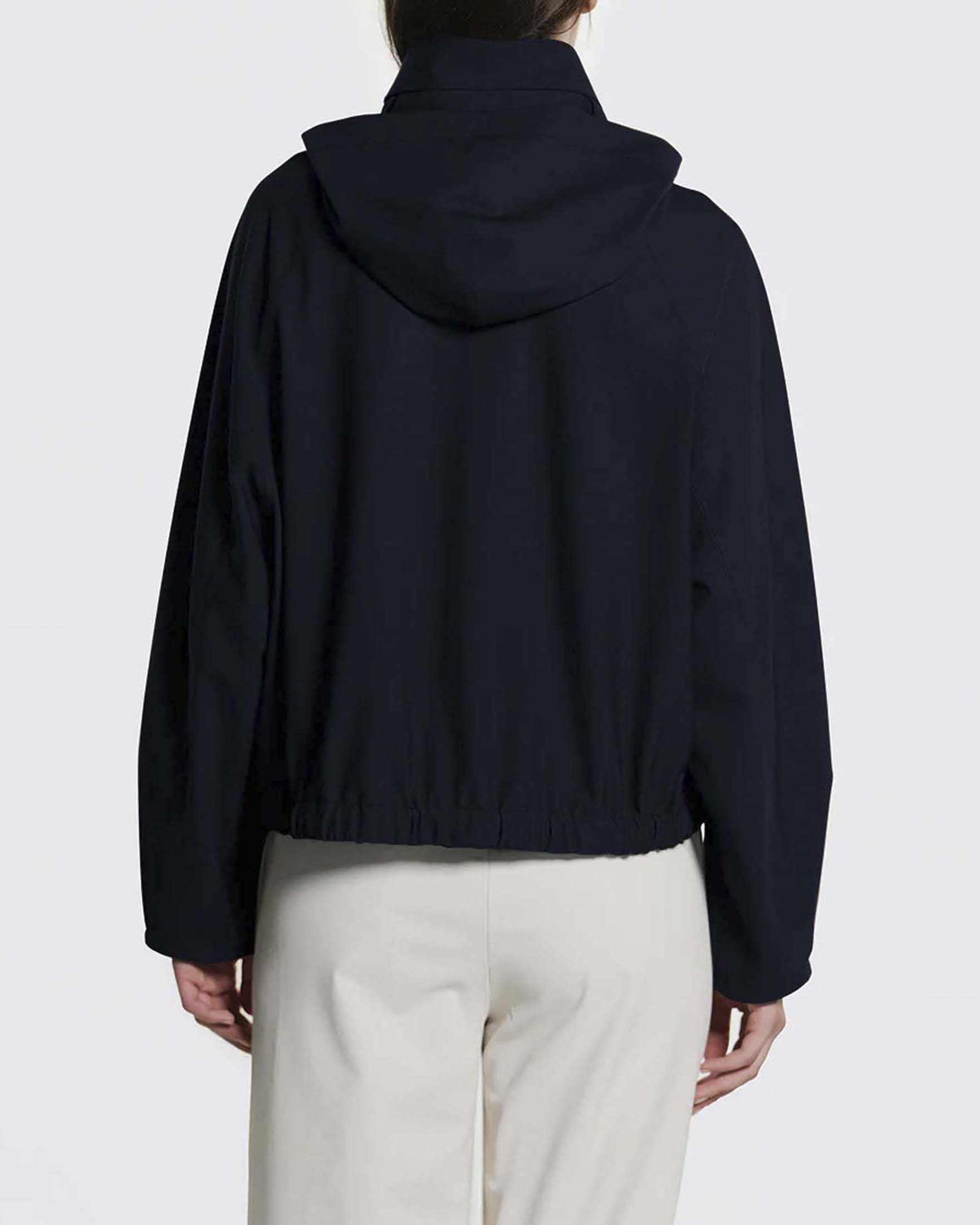 Giacca corta Clove Duno blu in tessuto tecnico stretch con cappuccio regolabile