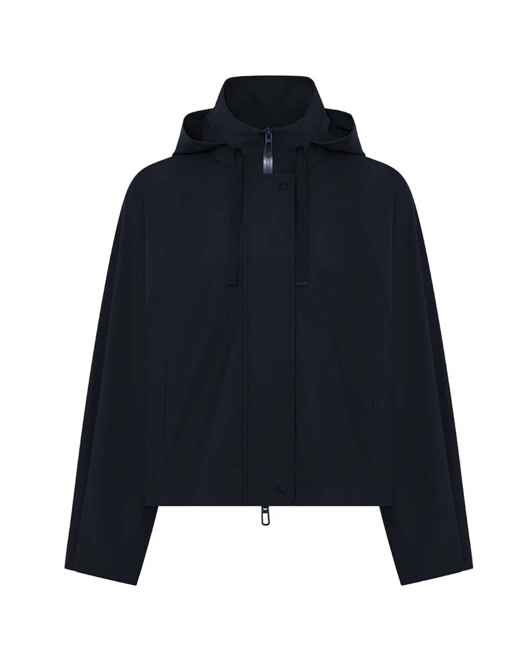 Giacca corta Clove Duno blu in tessuto tecnico stretch con cappuccio regolabile