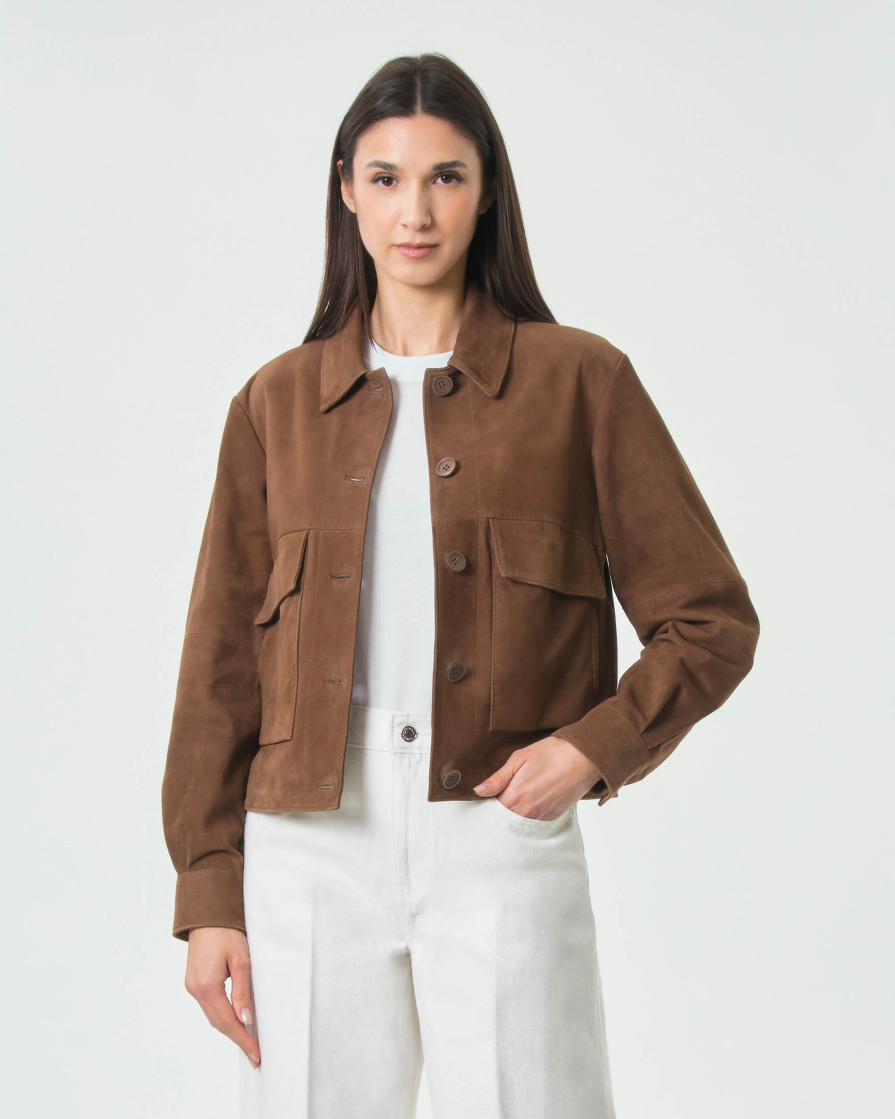 Shacket in pelle scamosciata corta Joan Duno color cuoio con tasche a toppa sui lati