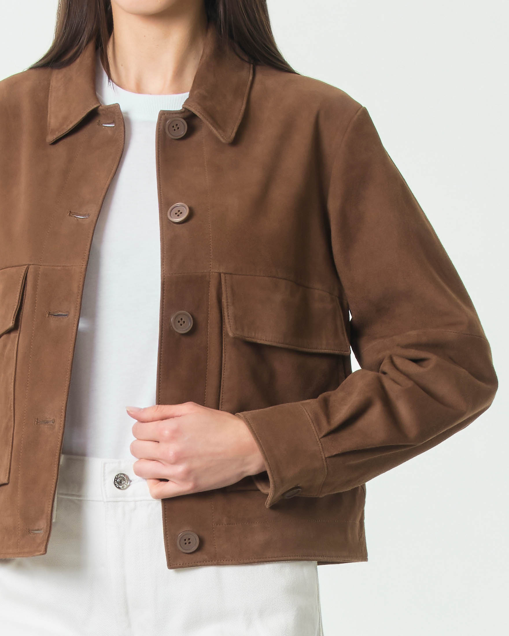 Shacket in pelle scamosciata corta Joan Duno color cuoio con tasche a toppa sui lati image