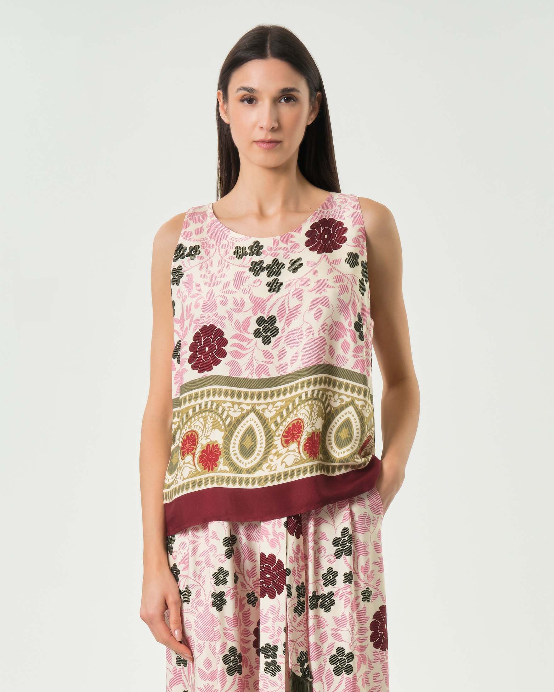 Top Wu'Side in raso di viscosa con spalline larghe e motivo floreale rosa e verde
