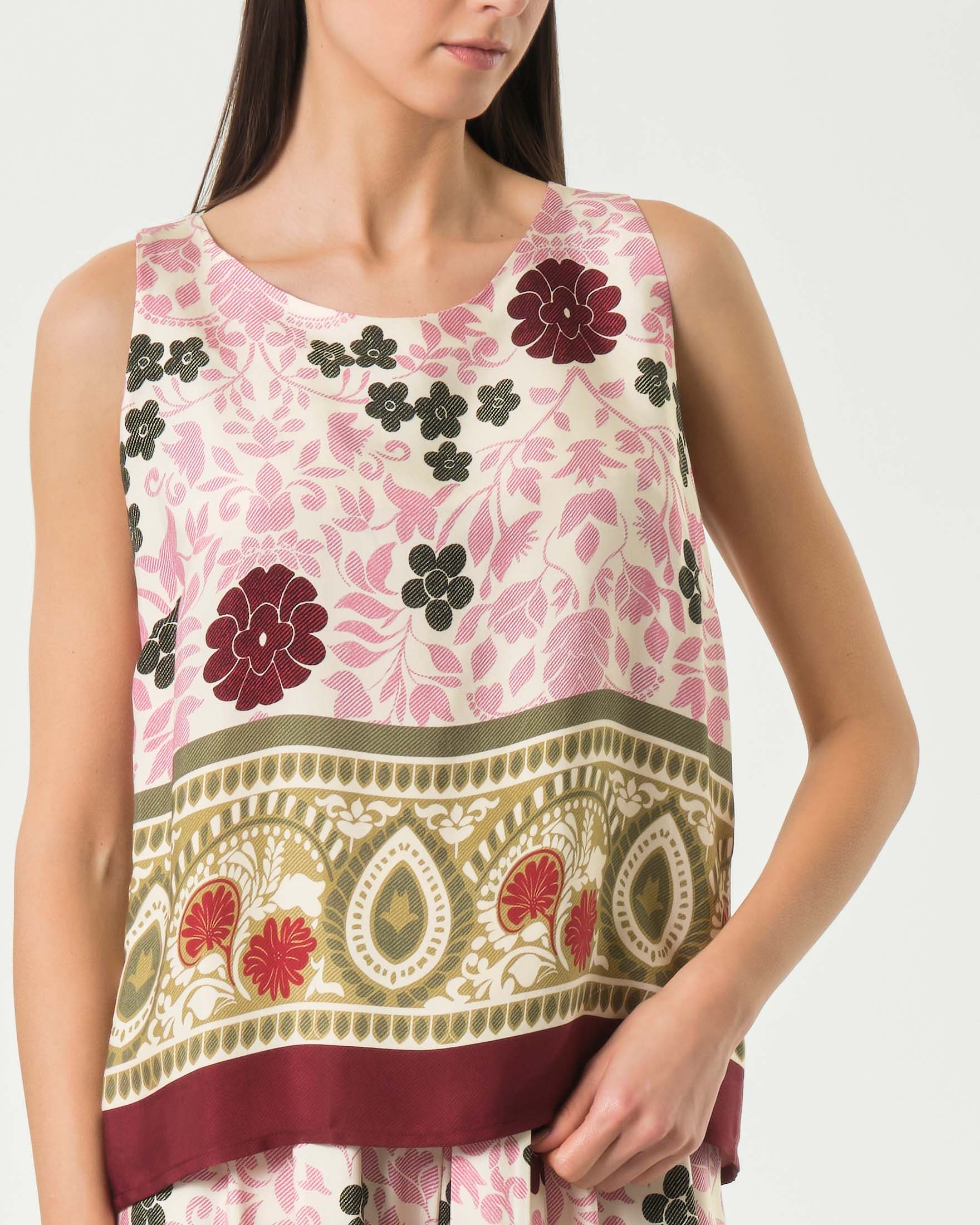 Top Wu'Side in raso di viscosa con spalline larghe e motivo floreale rosa e verde image