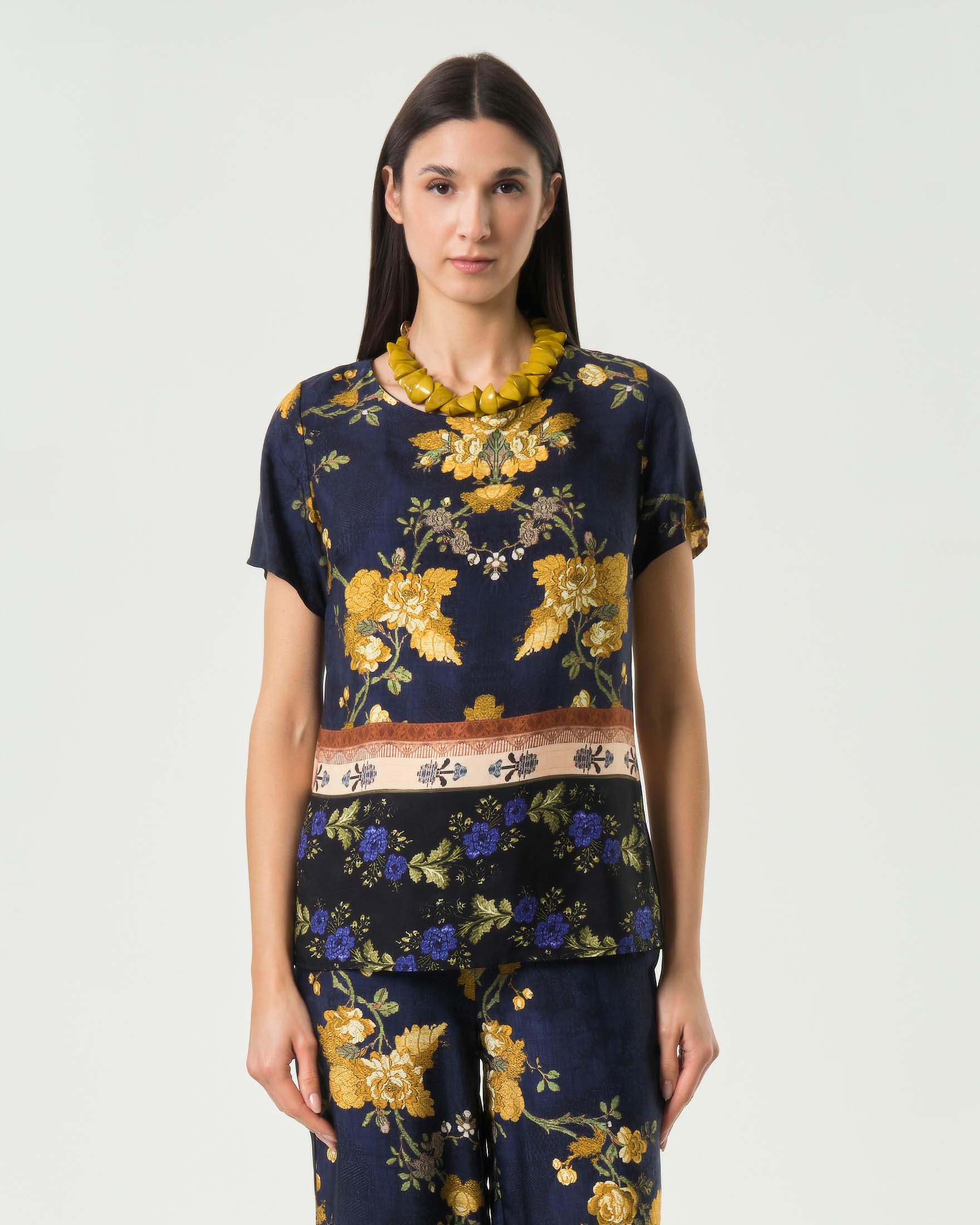 Blusa Wu'Side blu in raso di viscosa con motivo floreale all-over