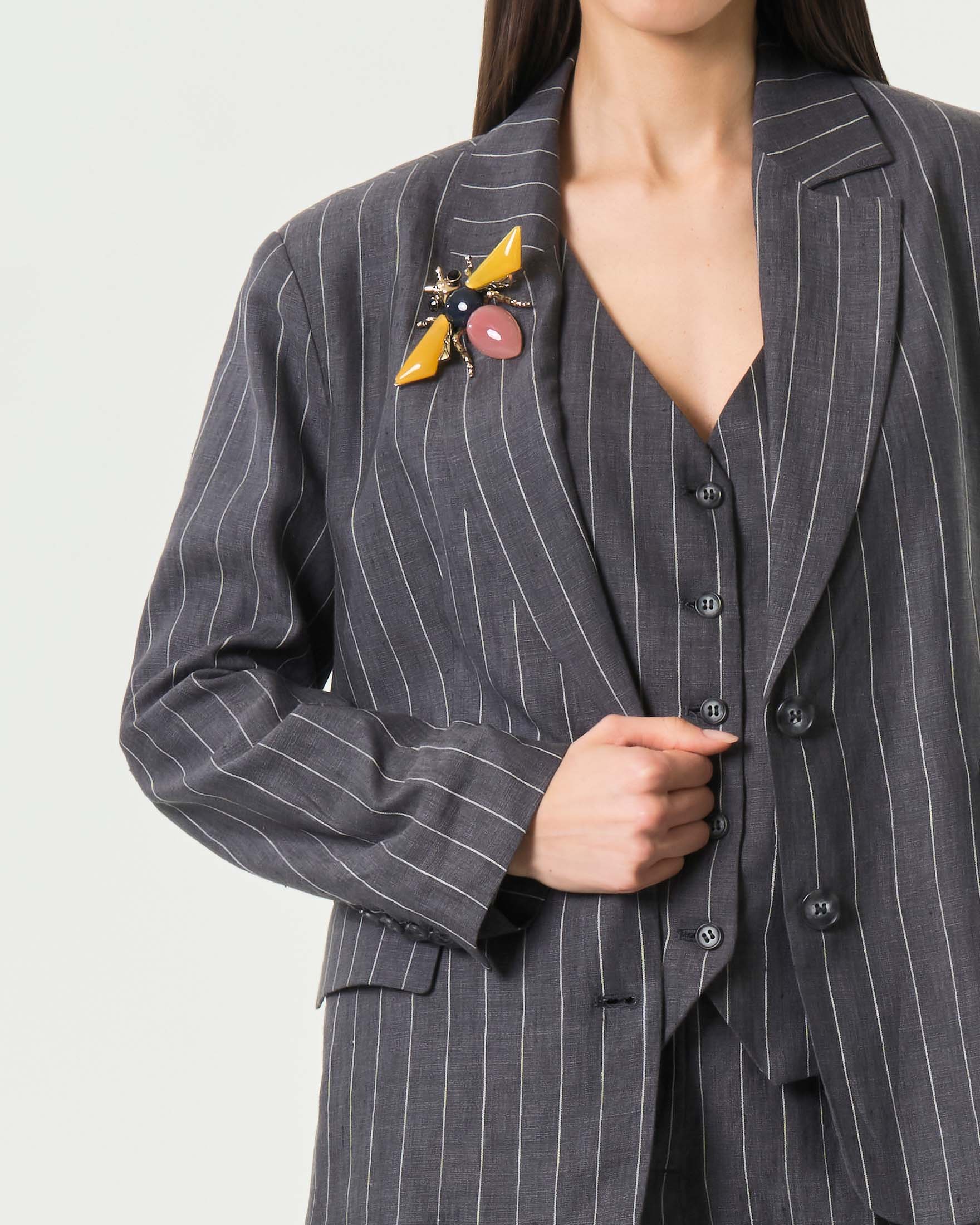 Blazer monopetto gessato Wu'Side color antracite in lino con spallina imbottita image