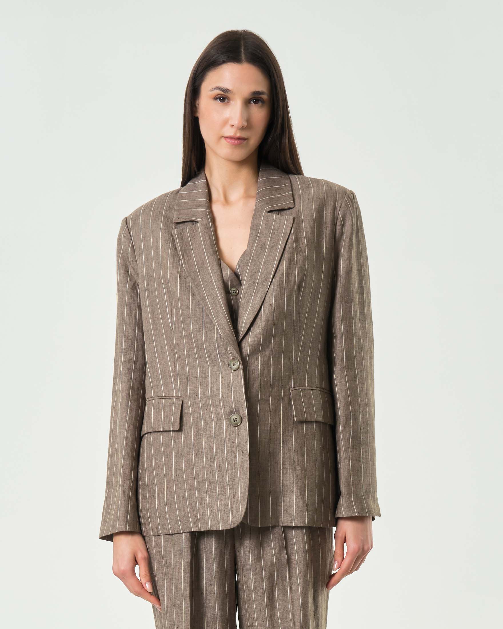 Blazer monopetto gessato Wu'Side color fango in lino con spallina imbottita