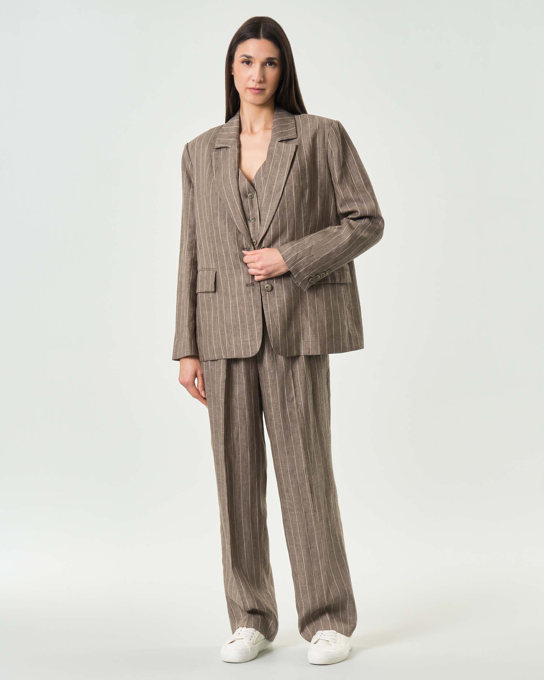 Blazer monopetto gessato Wu'Side color fango in lino con spallina imbottita image