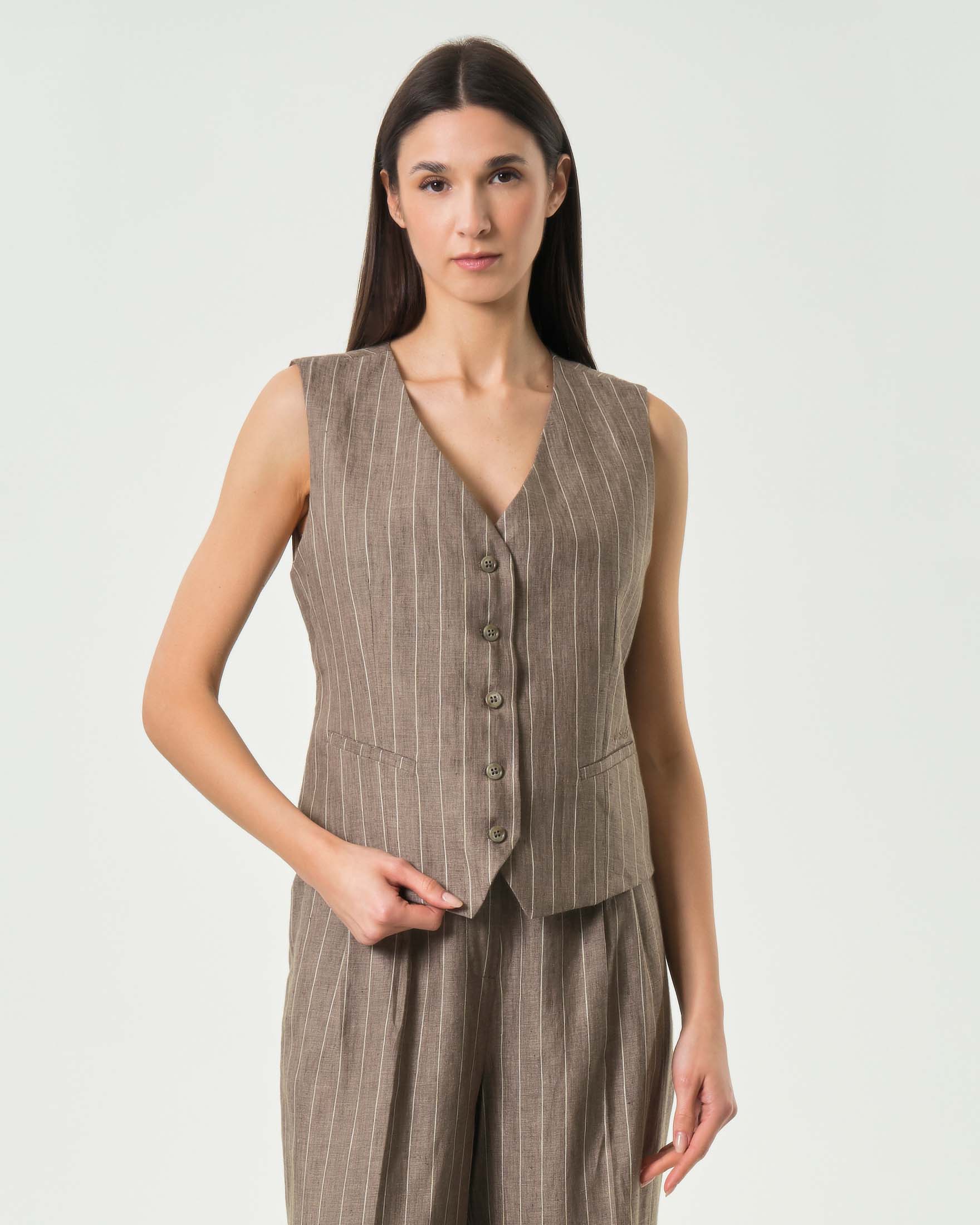 Gilet monopetto gessato color fango in lino