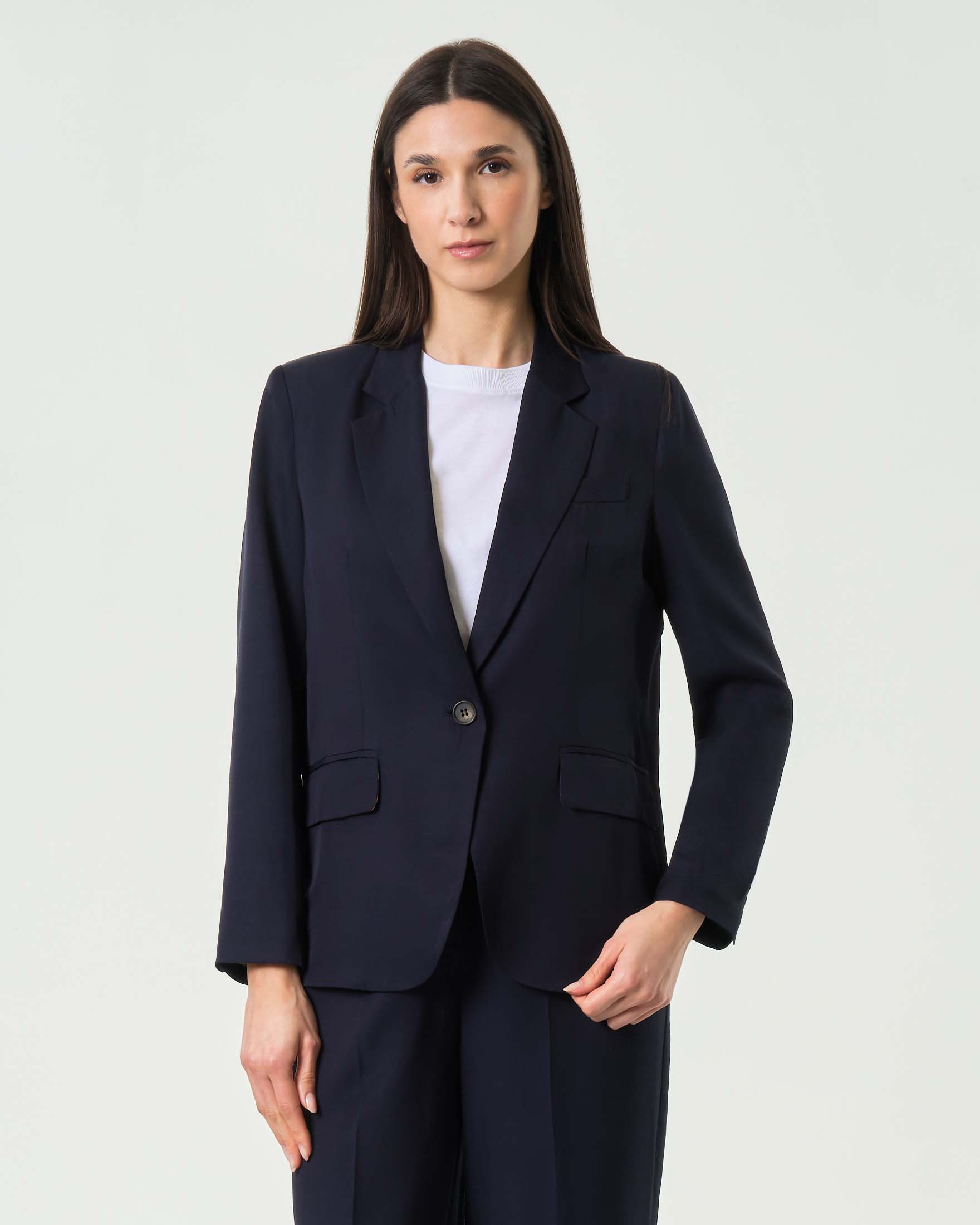 Blazer monopetto blu in misto rayon viscosa e lino con tasche a filetto
