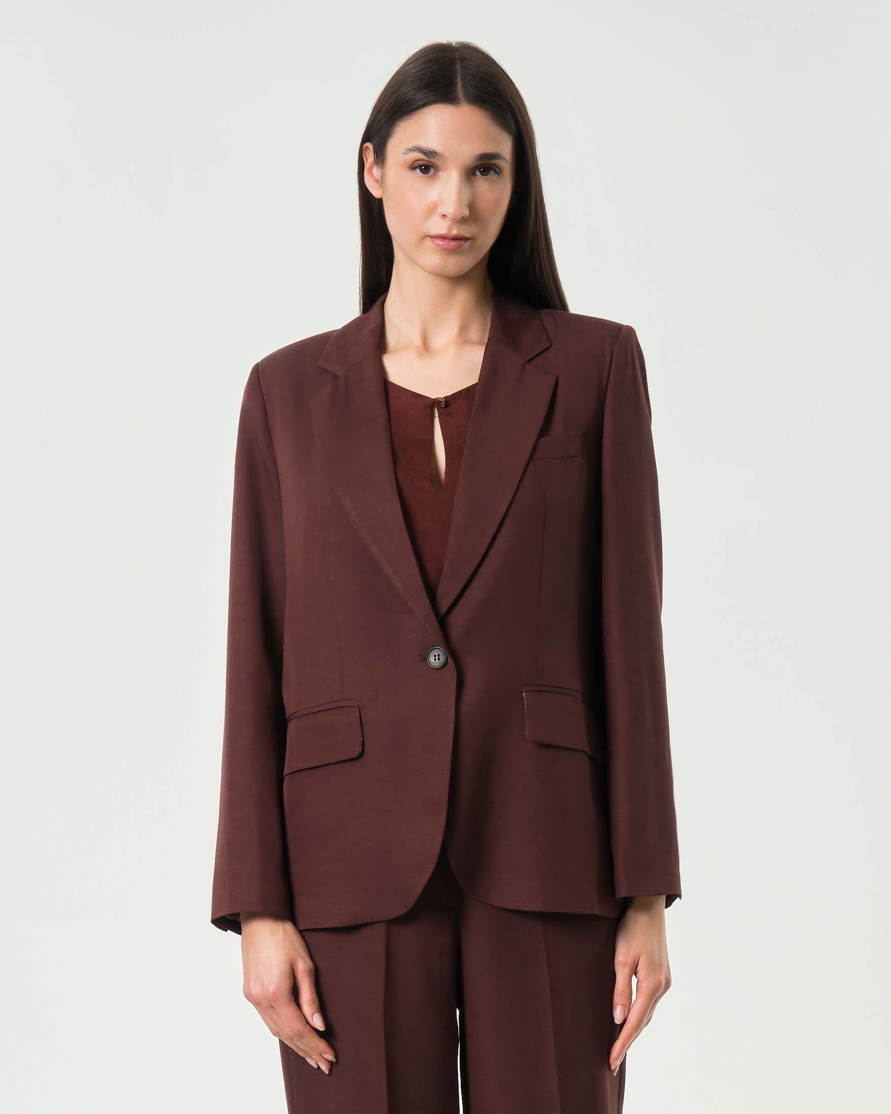 Blazer monopetto marrone in misto rayon viscosa e lino con tasche a filetto