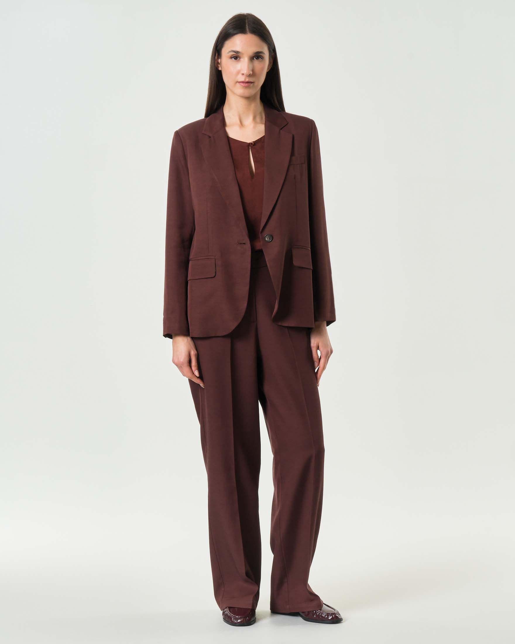 Blazer monopetto Wu'Side marrone in misto rayon viscosa e lino con tasche a filetto image