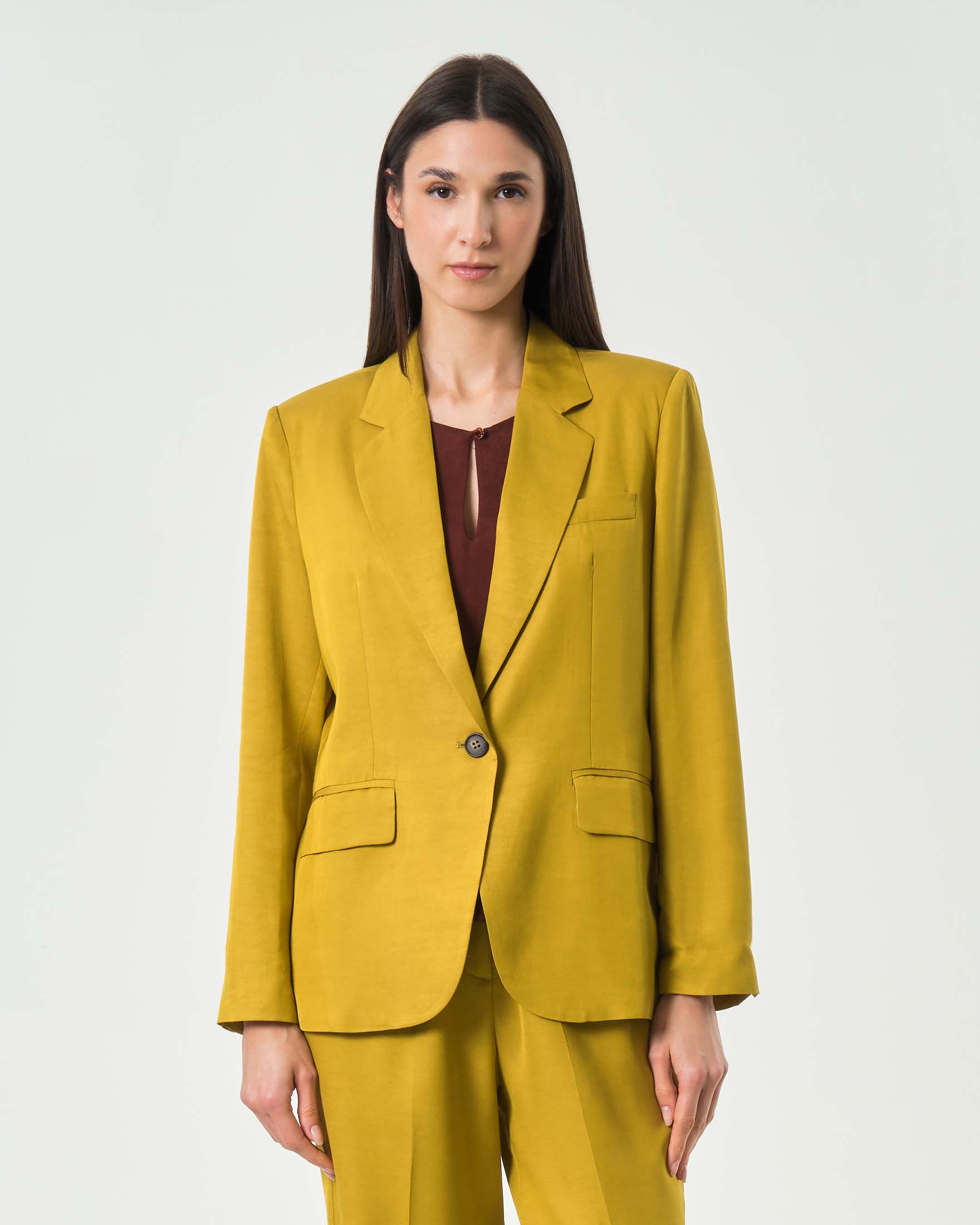 Wu'Side — Blazer monopetto Wu'Side senape in misto rayon viscosa e lino con tasche a filetto