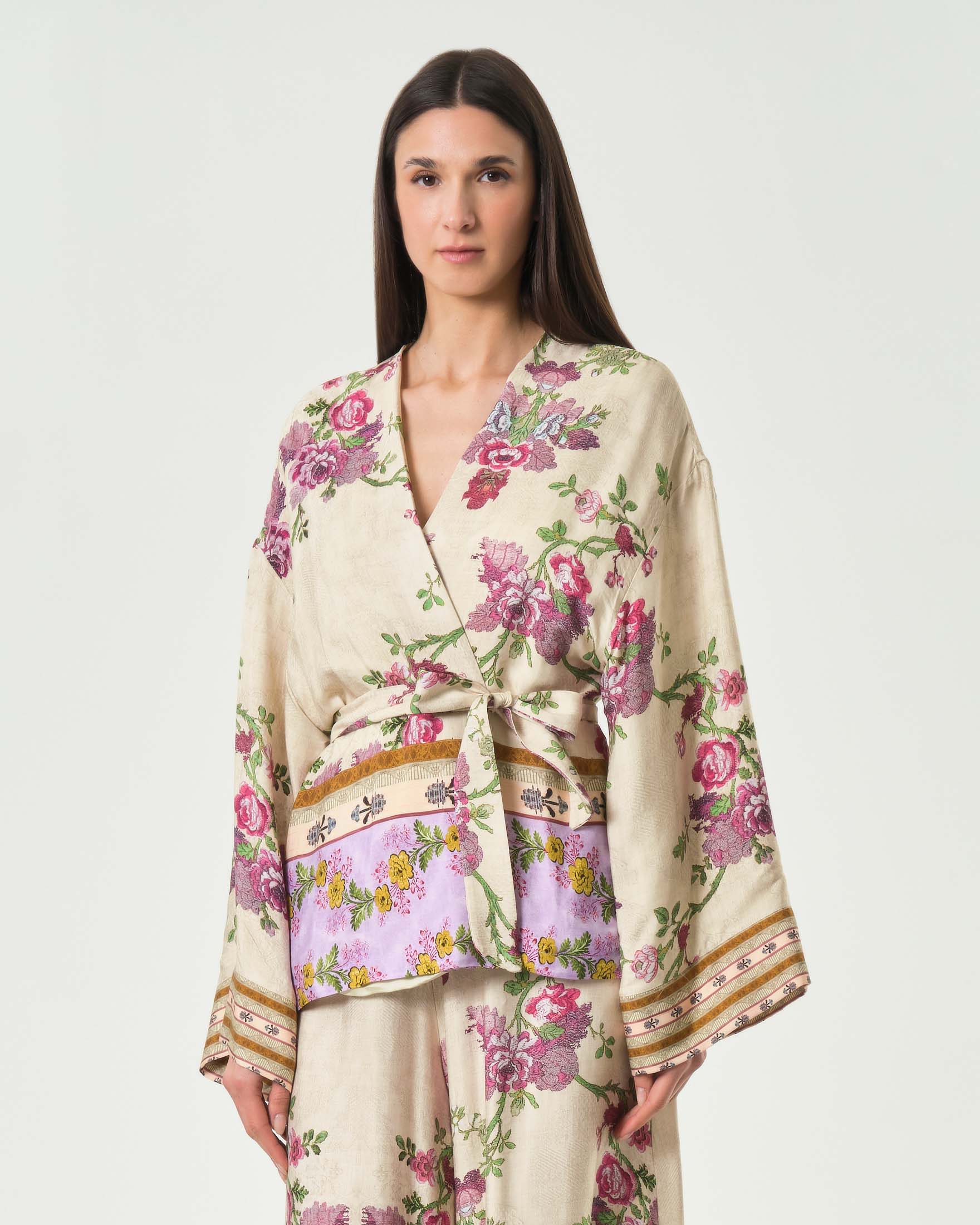 Kimono corto Wu'Side avorio in raso di viscosa stampato con fantasia floreale