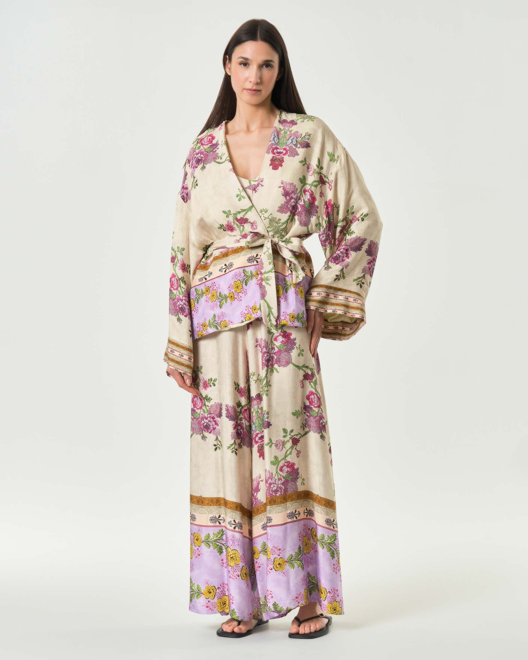 Kimono corto Wu'Side avorio in raso di viscosa stampato con fantasia floreale image