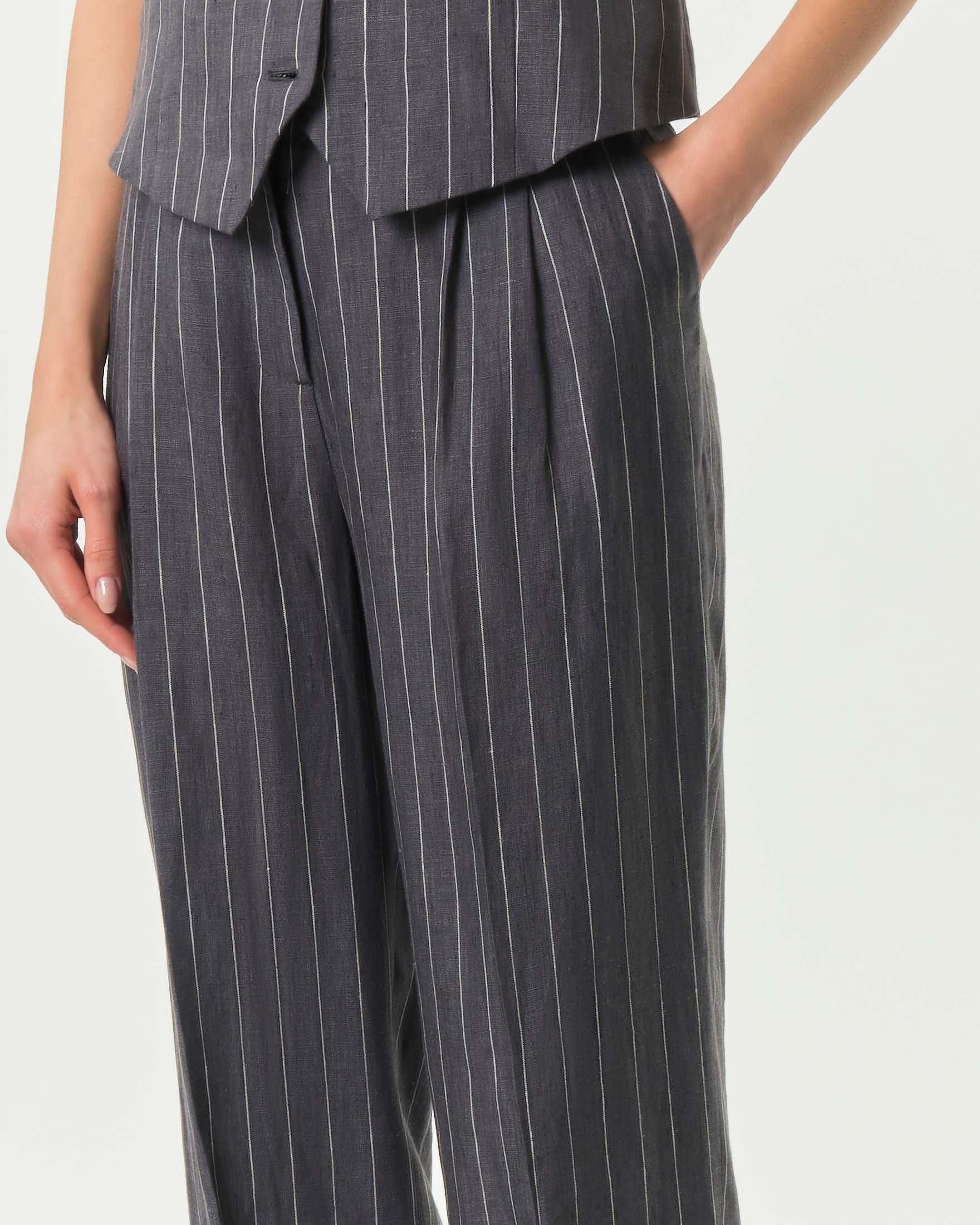 Pantalone Wu'Side dal taglio sartoriale gessato color antracire in lino image