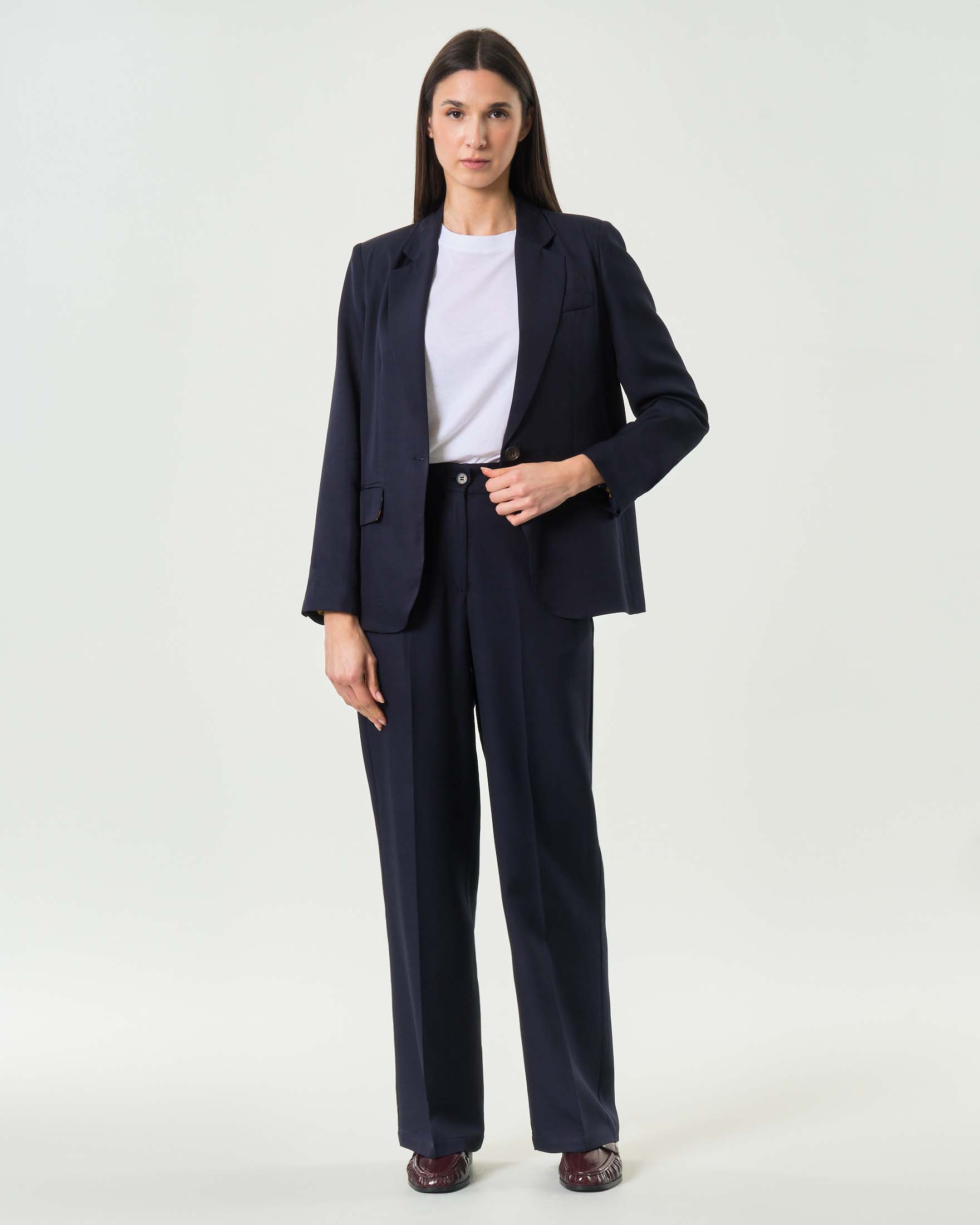 Pantalone blu dal taglio sartoriale in misto rayon viscosa e lino