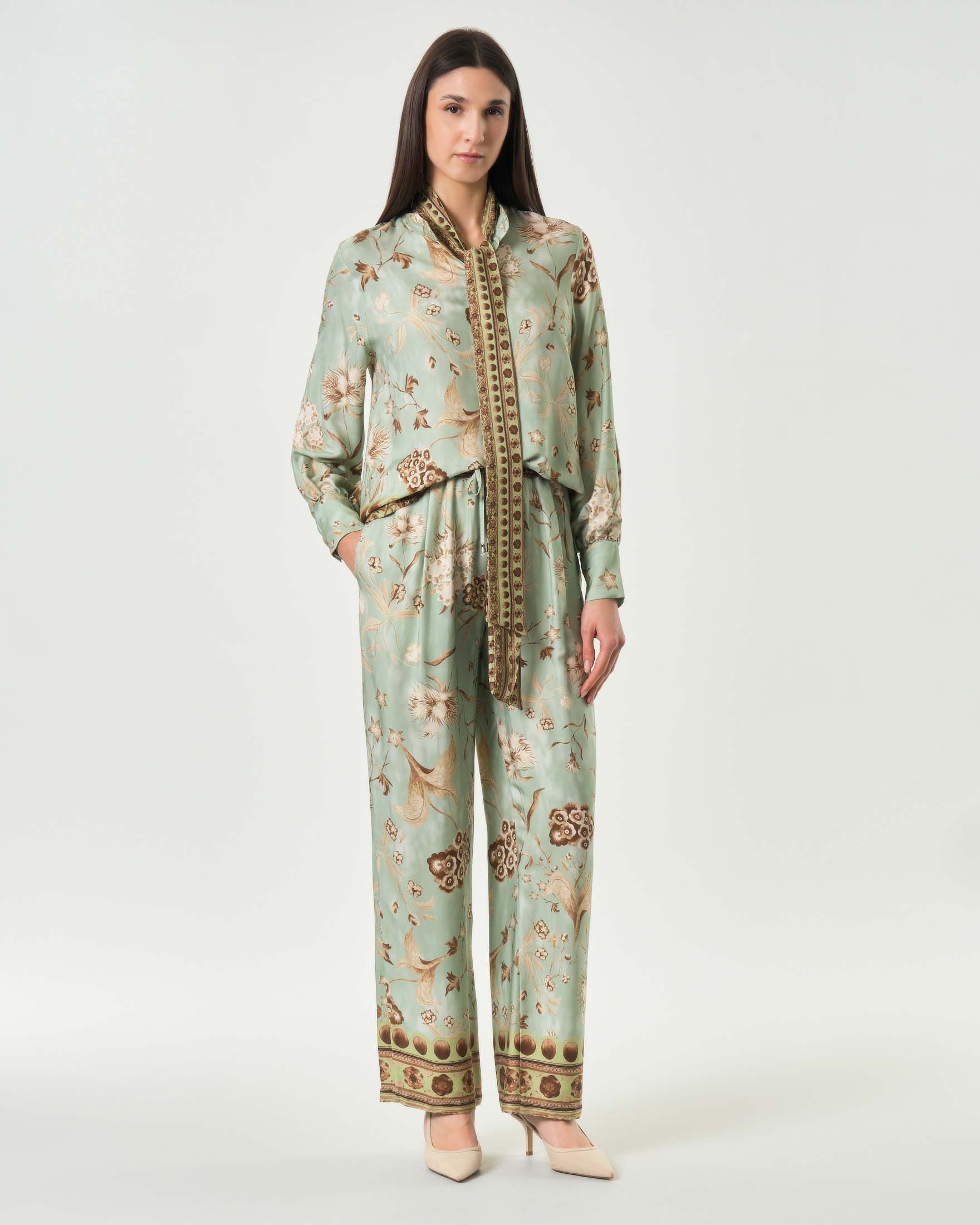 Pantaloni Wu'Side verde acqua in raso di viscosa con stampa floreale dalla linea dritta e vita elasticizzata