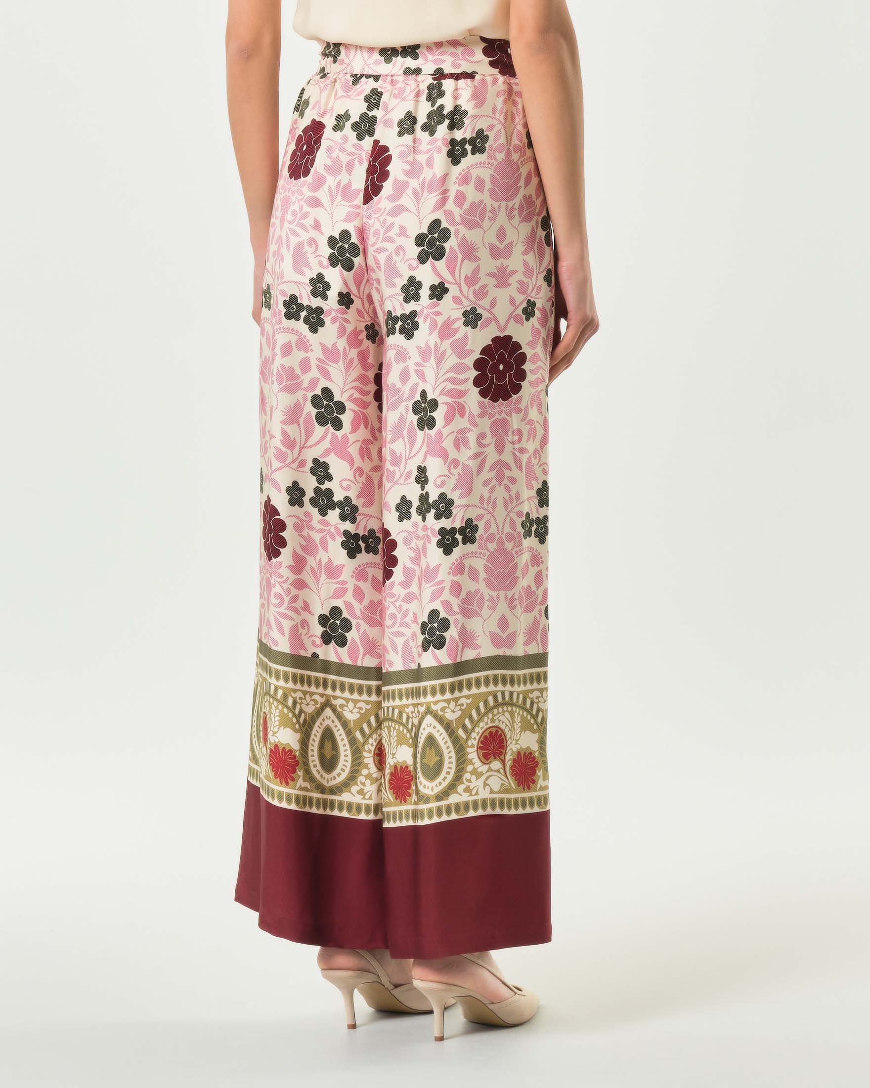 Pantaloni palazzo Wu'Side rosa in raso di viscosa con stampa floreale verde e vita elasticizzata