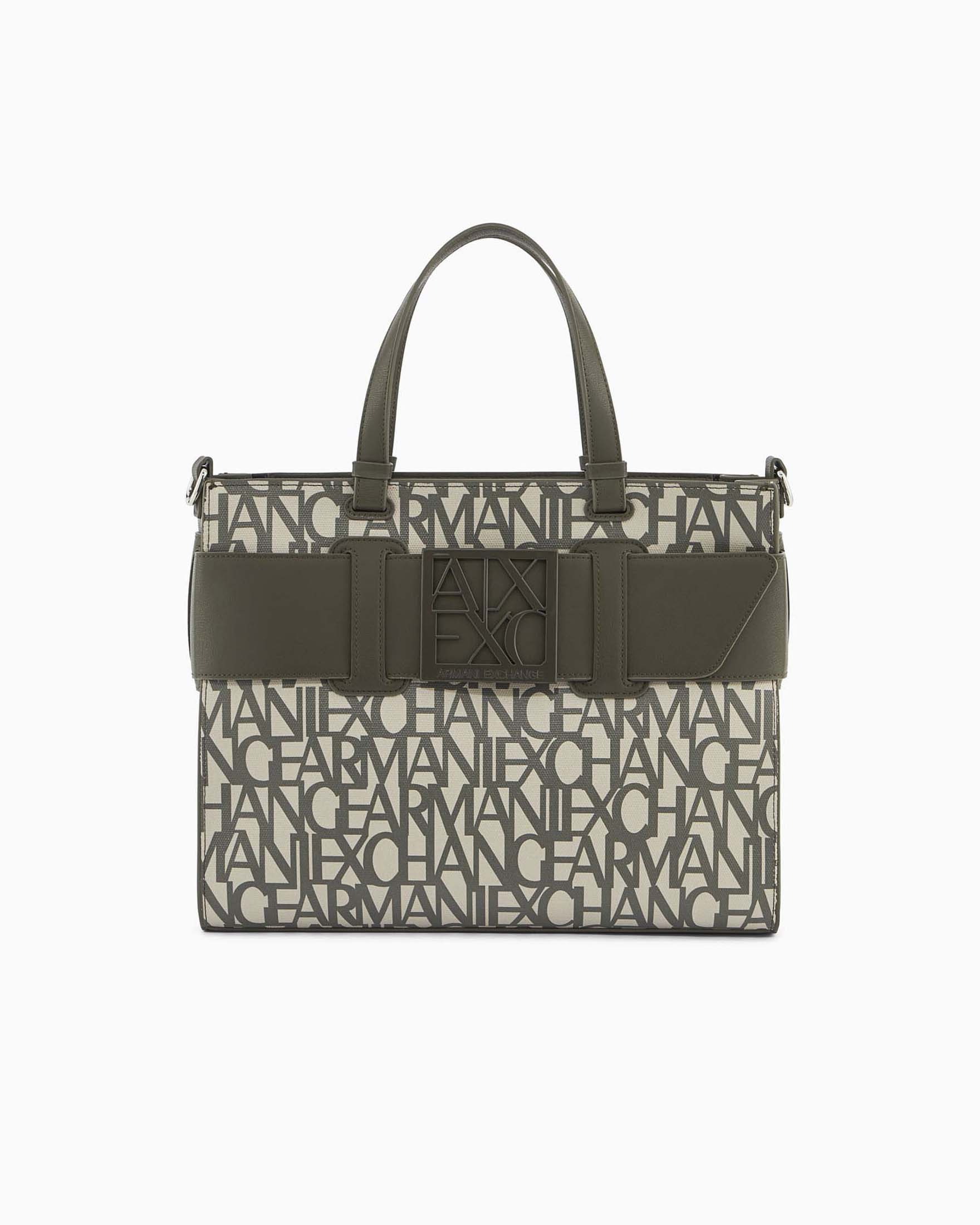Shopper grande Echange multilogo beige in similpelle con maxi fibbia a contrasto