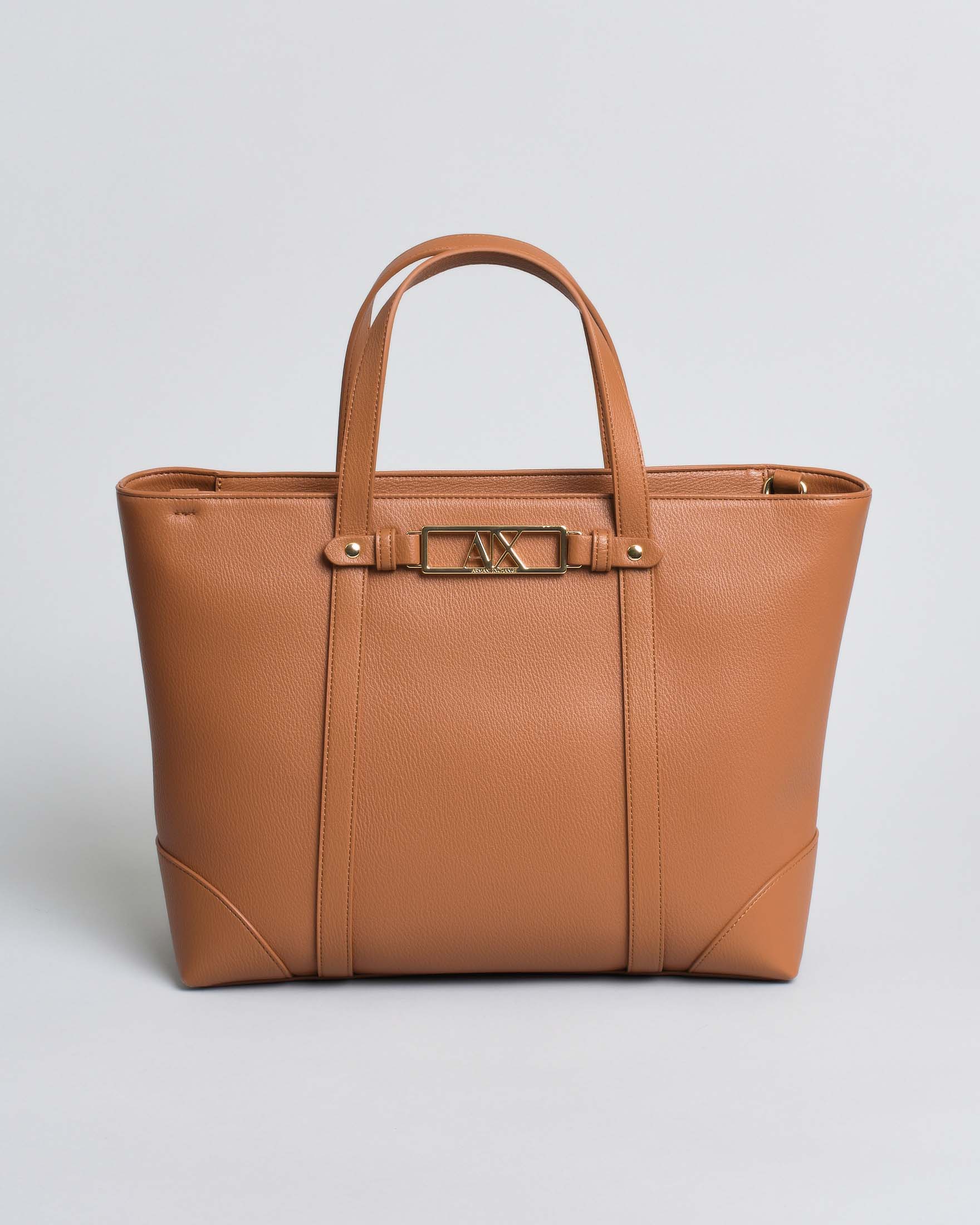 Borsa shopper Exchange color cuoio con placca logo dorata e tracolla removibile