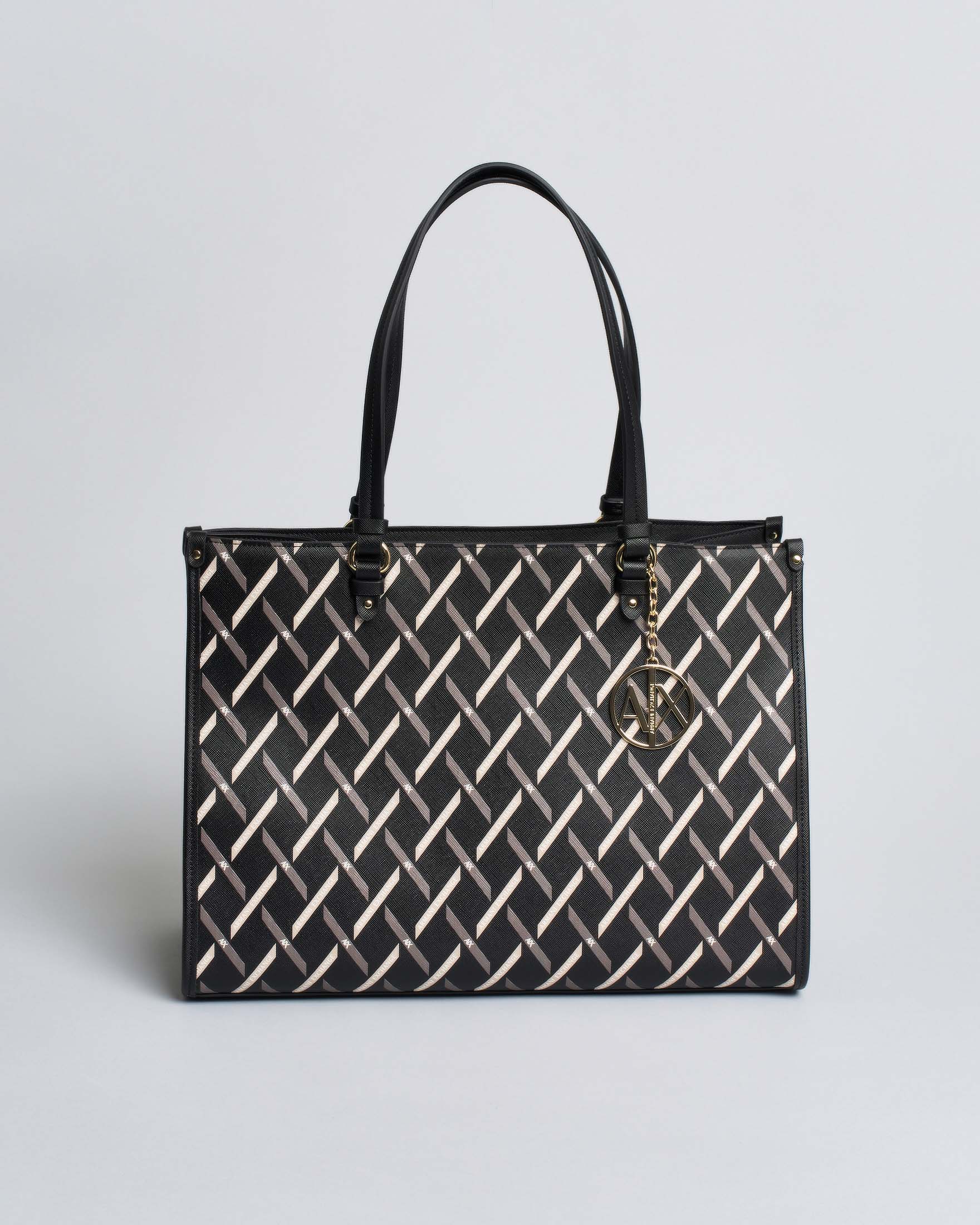 Shopping bag Exchange nera effetto saffiano con logo allover e doppi manici lunghi