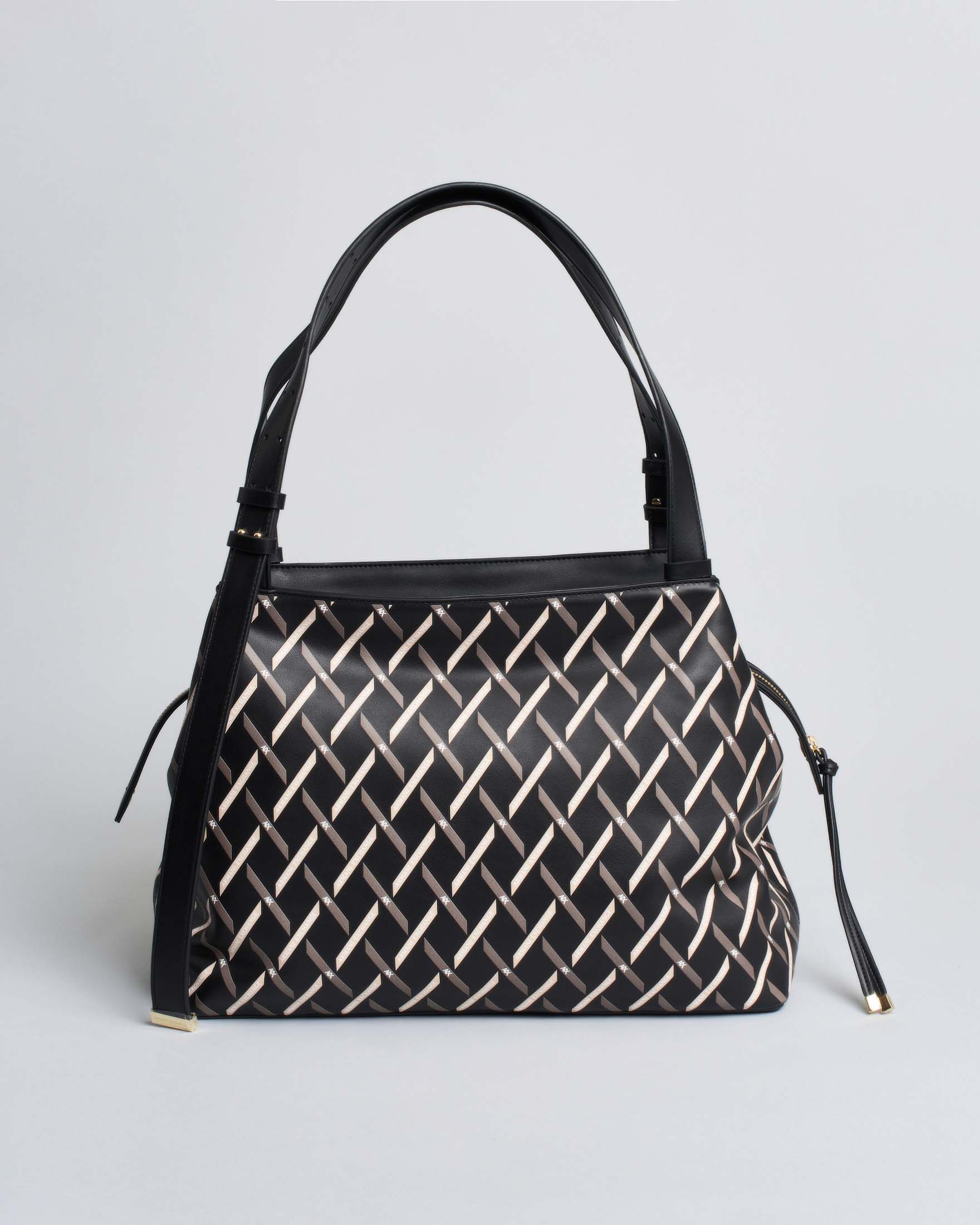 Borsa a spalla Exchange nera in similpelle liscia con logo allover e manici regolabili