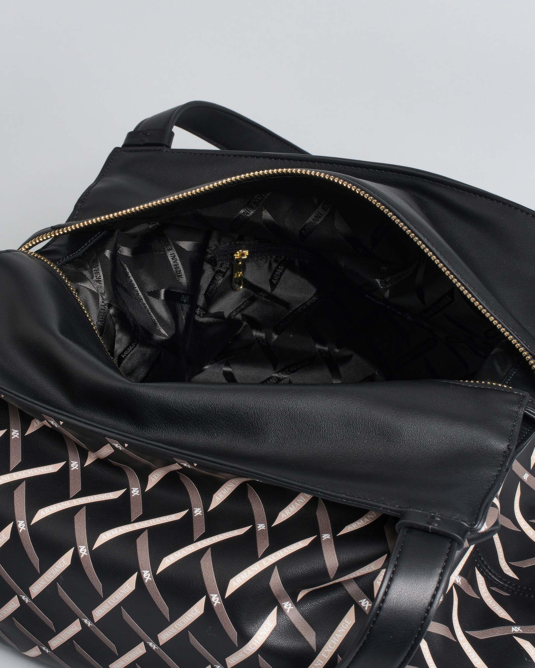 Borsa a spalla Armani Exchange nera in similpelle liscia con logo allover e manici regolabili image