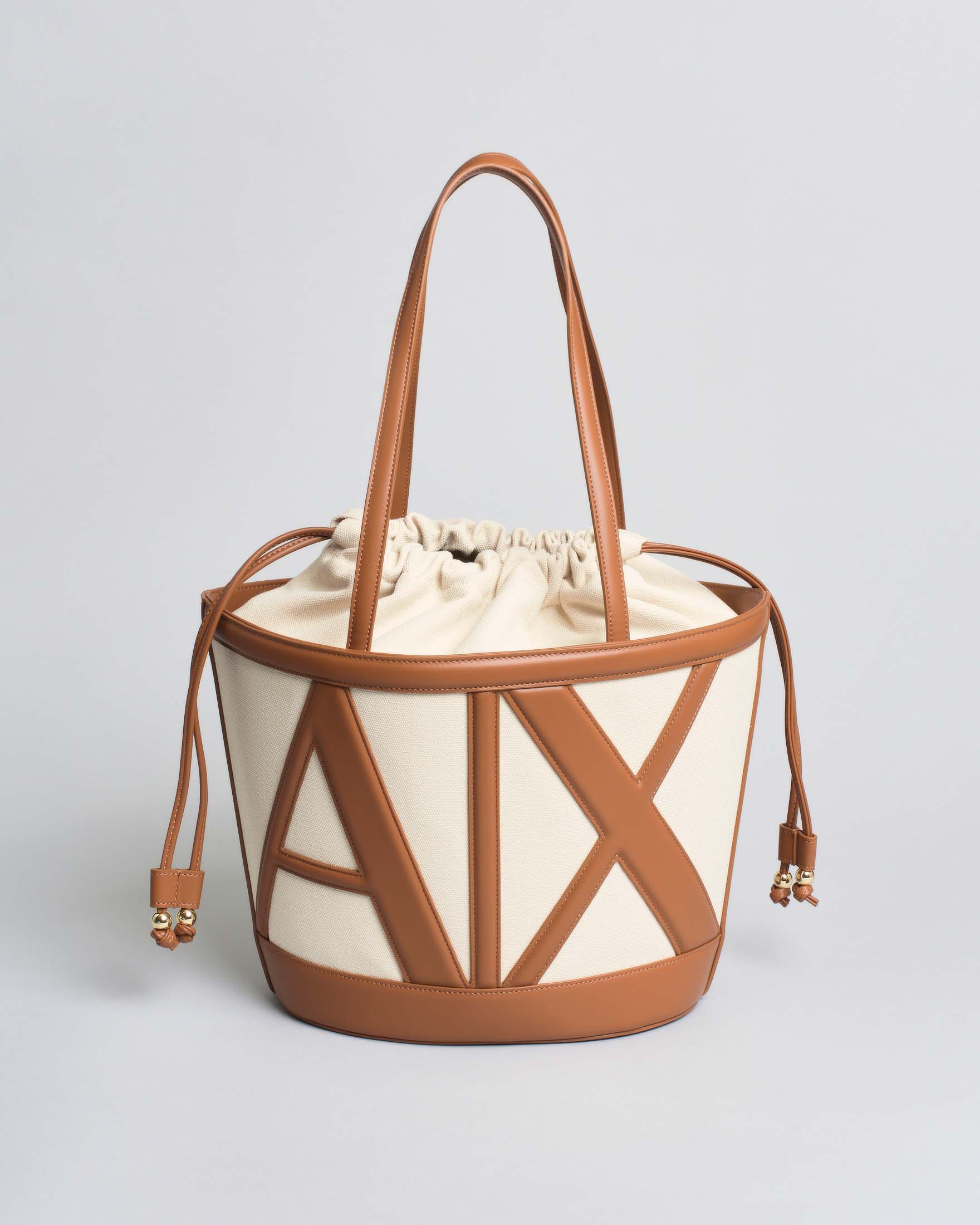 Borsa grande a secchiello Armani Exchange in canvas écru e similpelle cuoio con tracolla