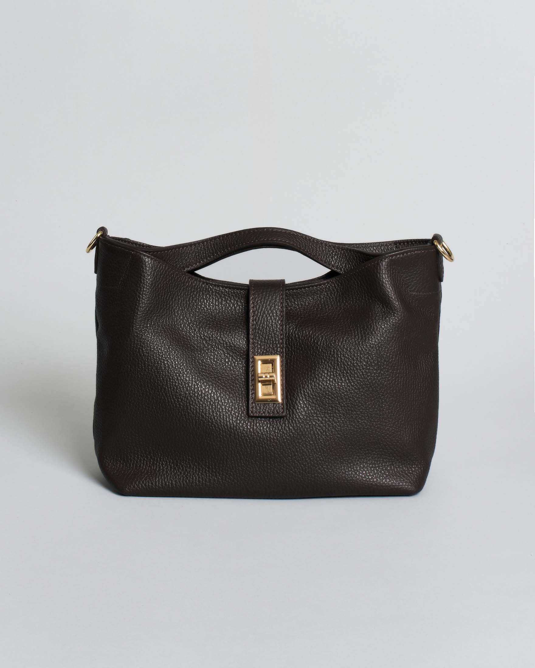 Borsa piccola quadrata a mano Hlo! color moro in pelle martellata con tracolla e chiusura rotante