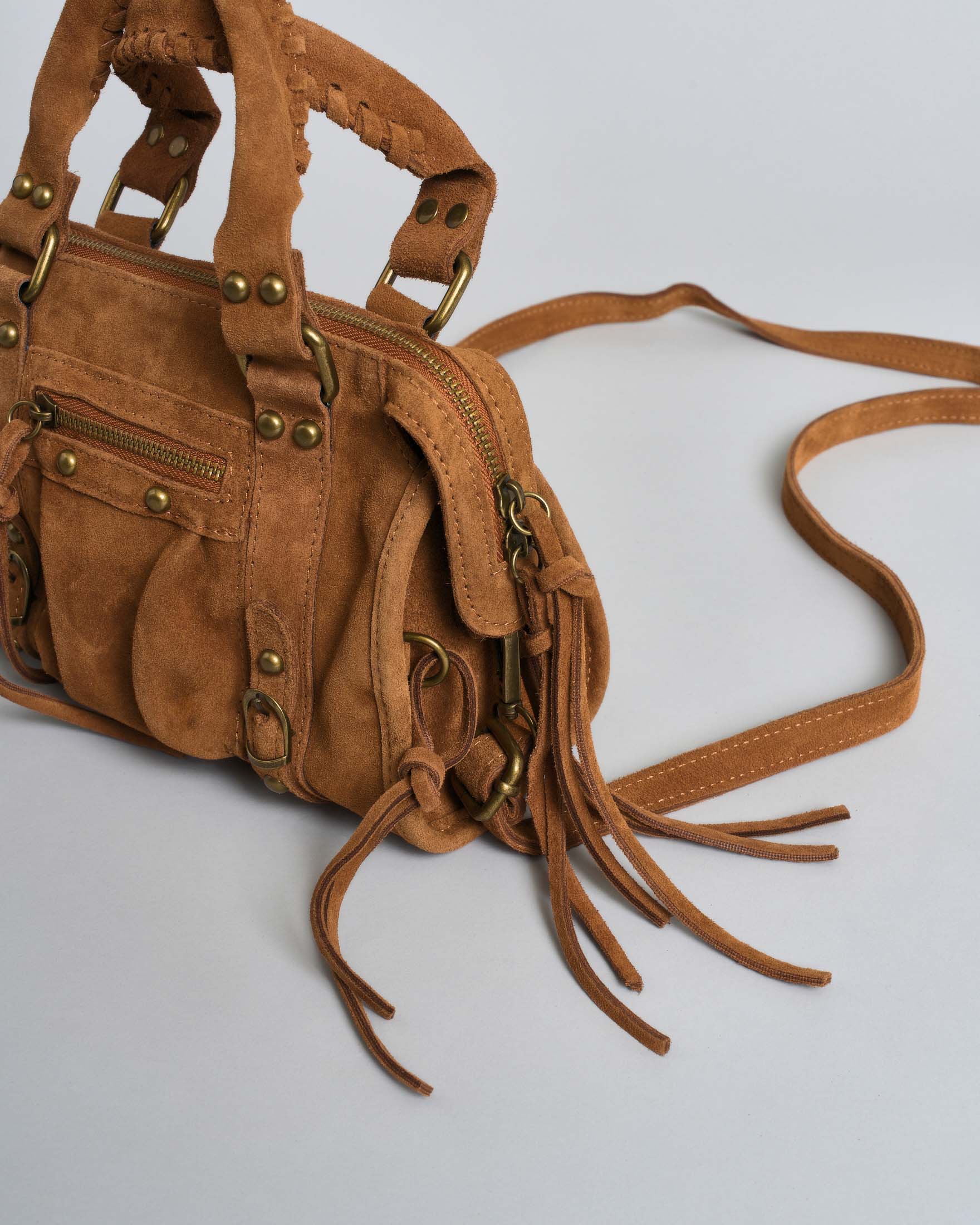 Borsa a mani piccola Hlo! in suede color ocra con cinghie e lacci decorativi image