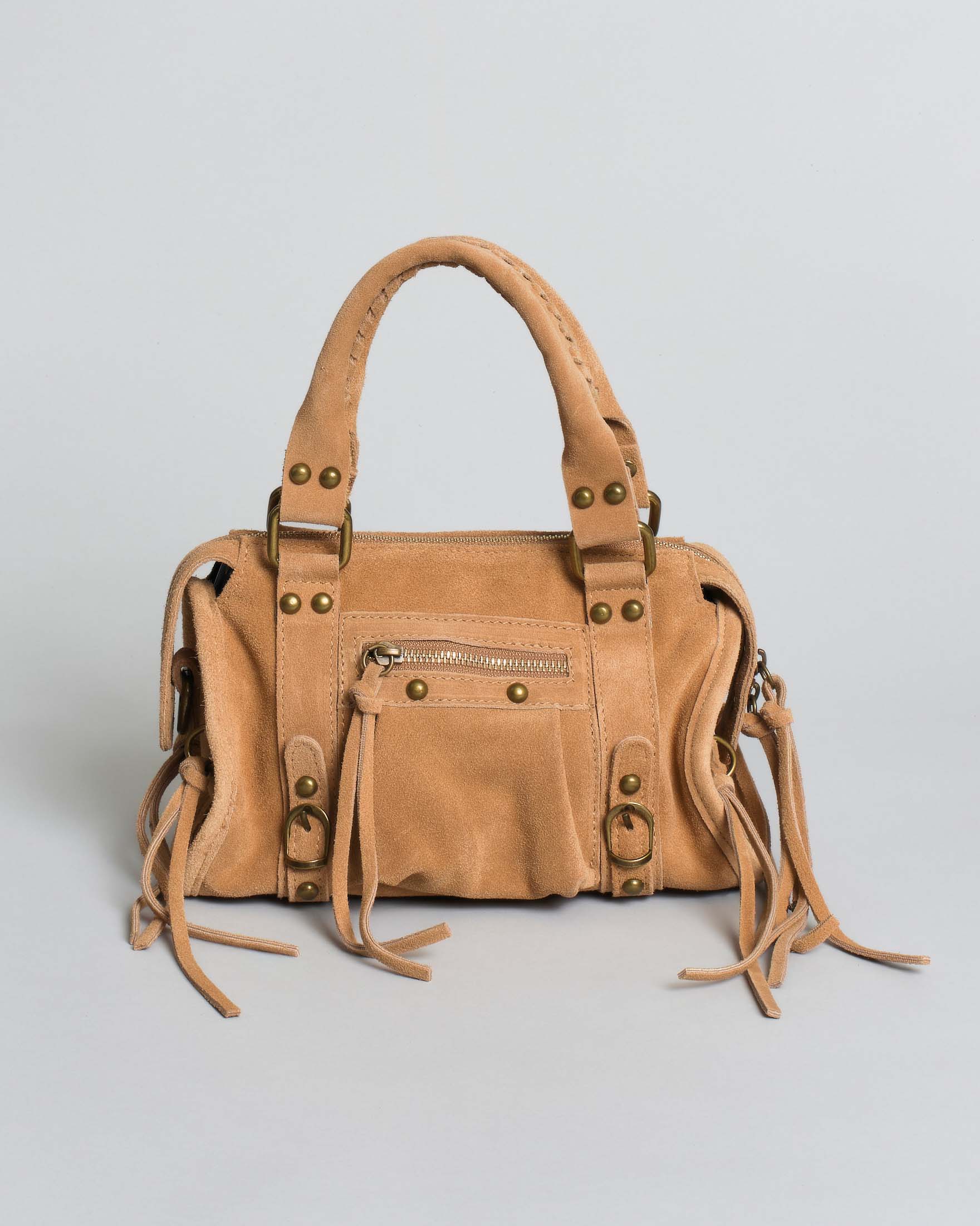 Borsa a mani piccola Hlo! in suede color champagne con cinghie e lacci decorativi