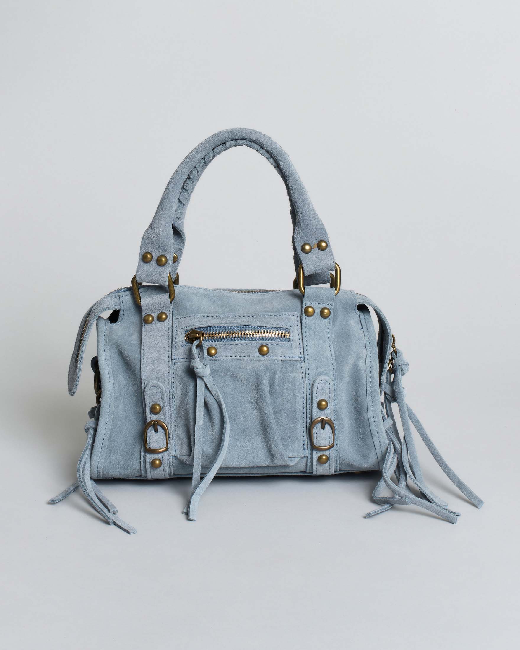 Borsa a mani piccola in suede azzurra con cinghie e lacci decorativi