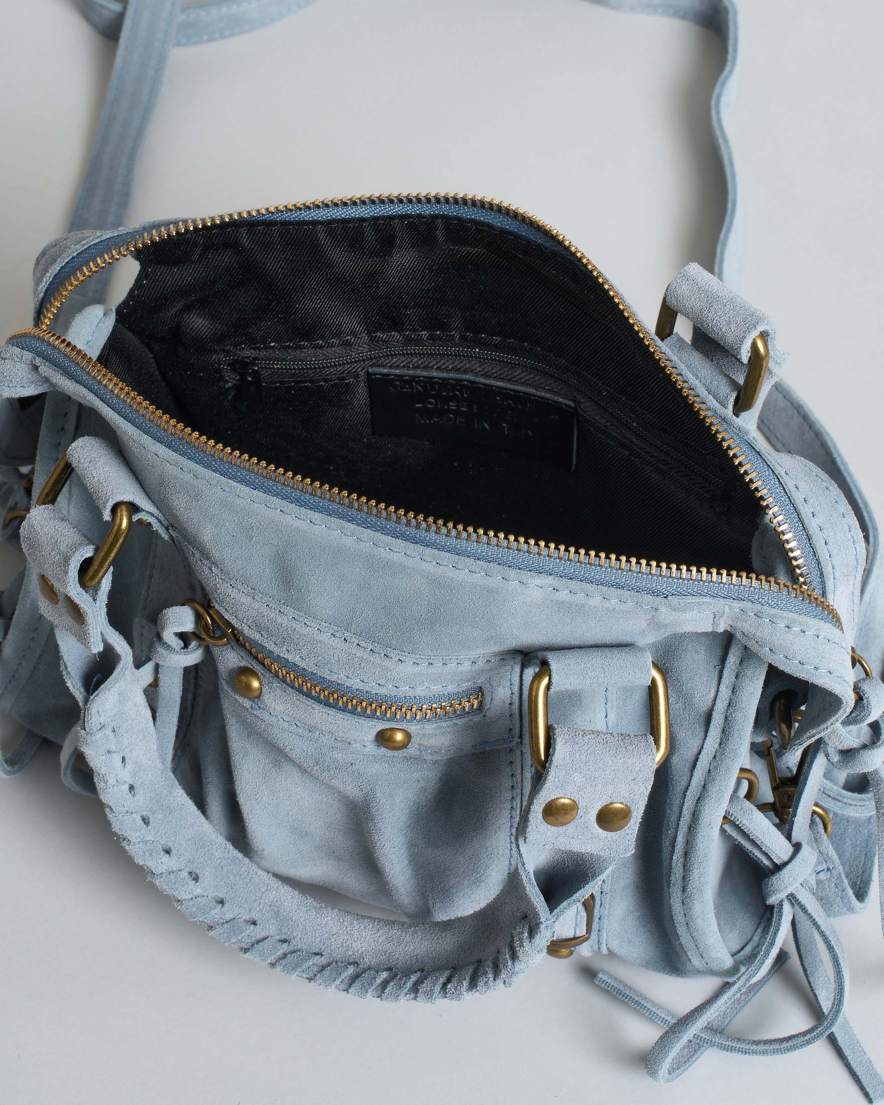 Borsa a mani piccola Hlo! in suede azzurra con cinghie e lacci decorativi image