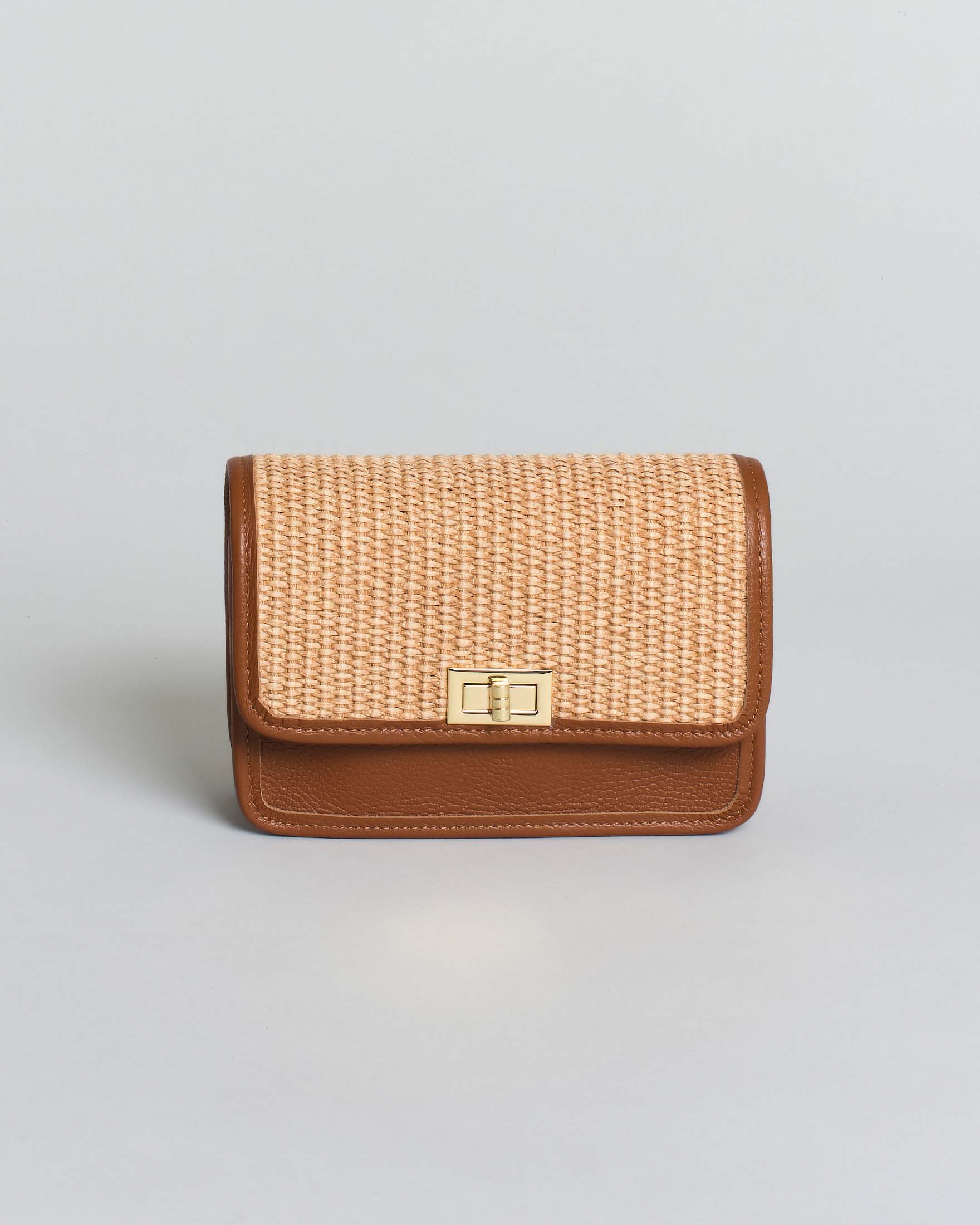 Borsa piccola a tracolla Hlo! color cuoio con inserto in rafia naturale e tracolla removibile