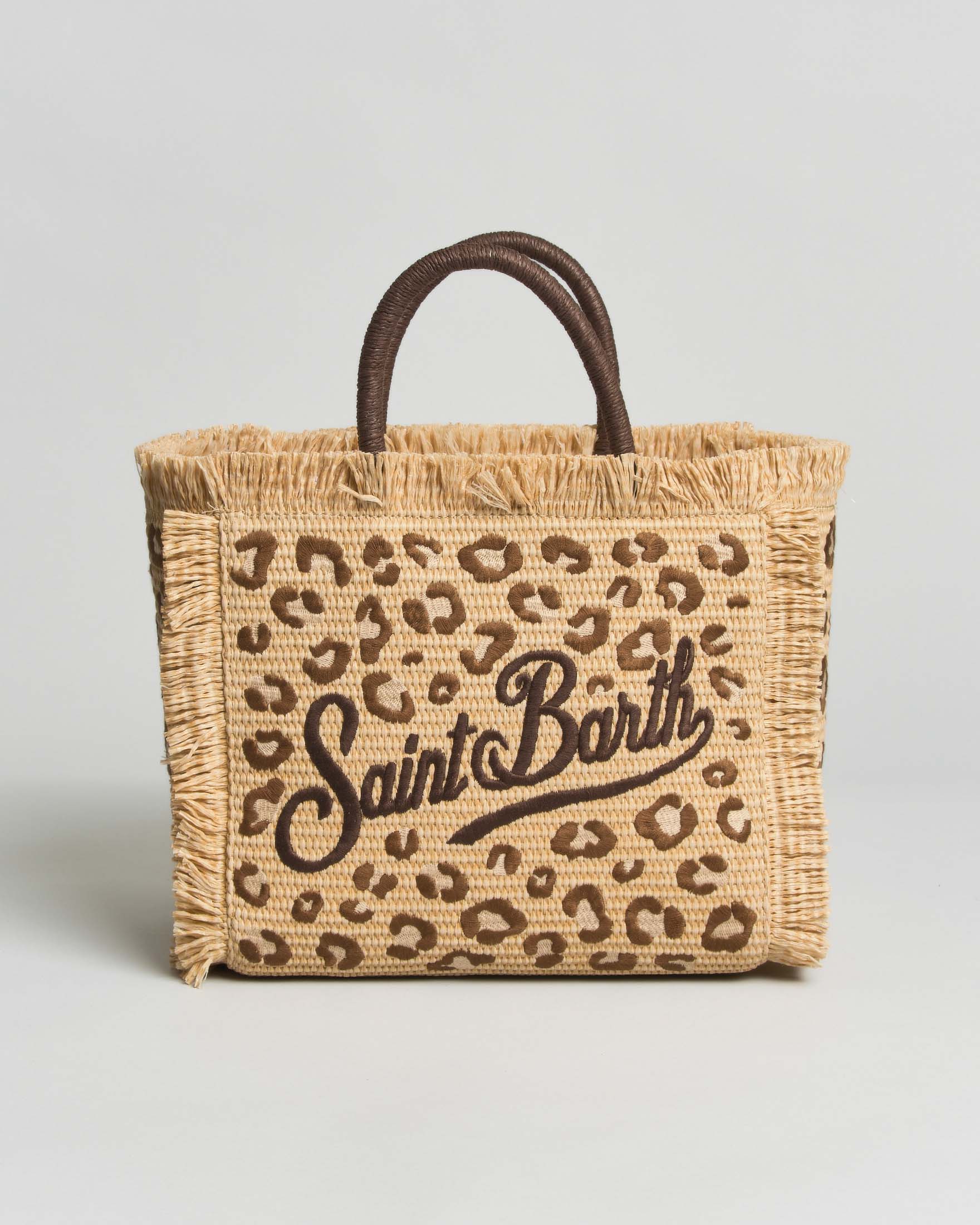 Borsa mare Colette effetto paglia con bordi sfrangiati e ricamo leopardato
