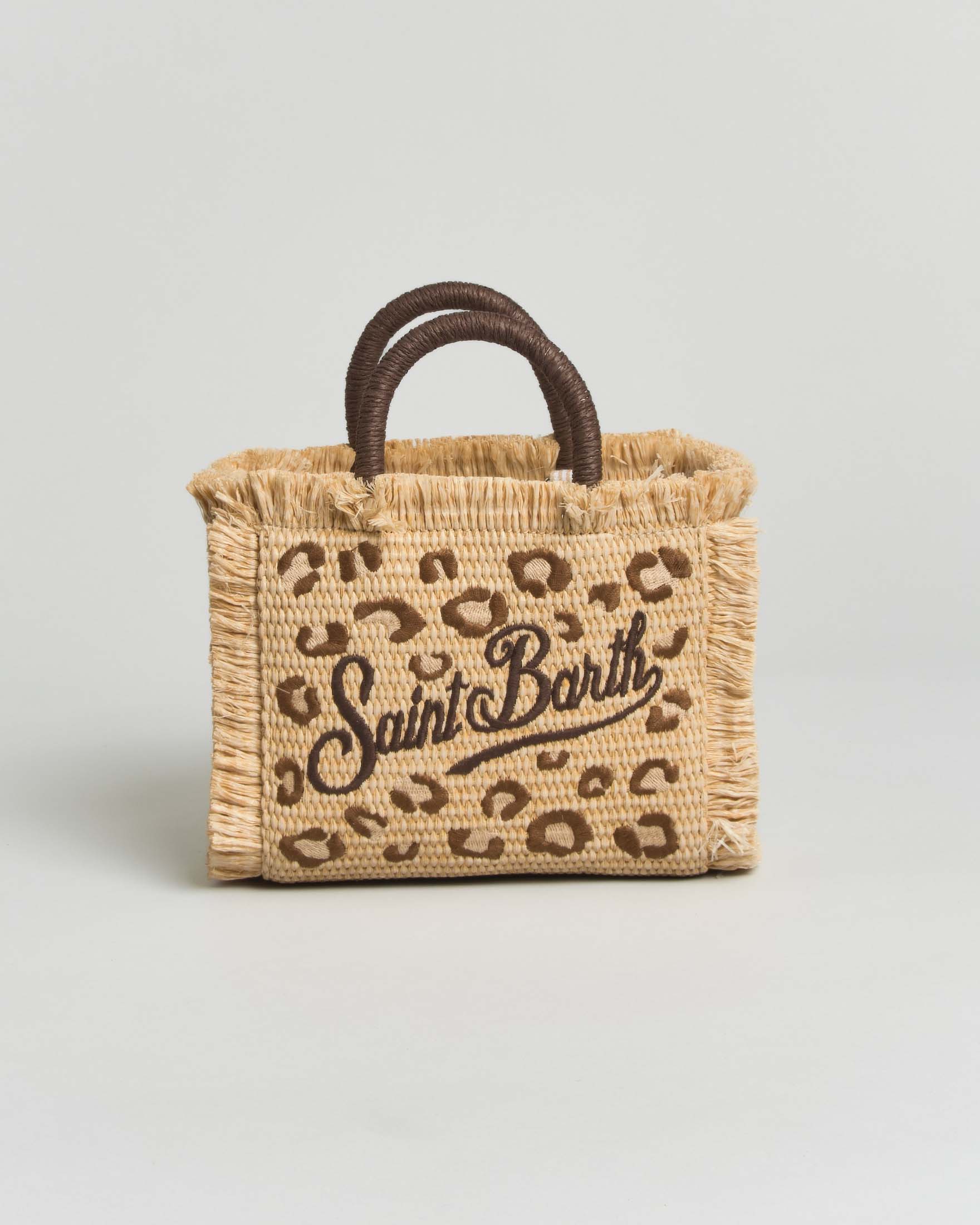 Borsa Vanity mini effetto paglia con ricamo leopardato