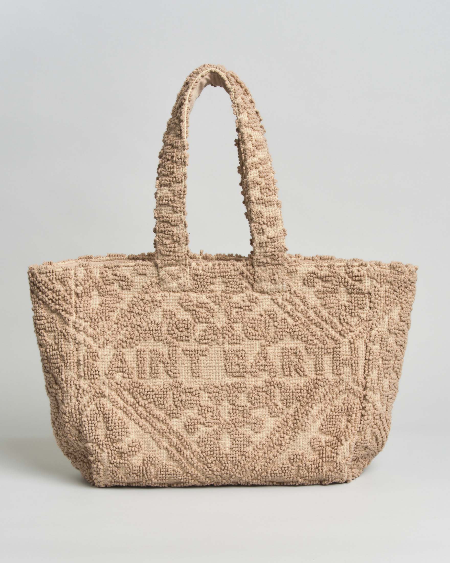 Borsa Tufting Bag beige in canvas di cotone a motivo ricamato all over e scritta logo