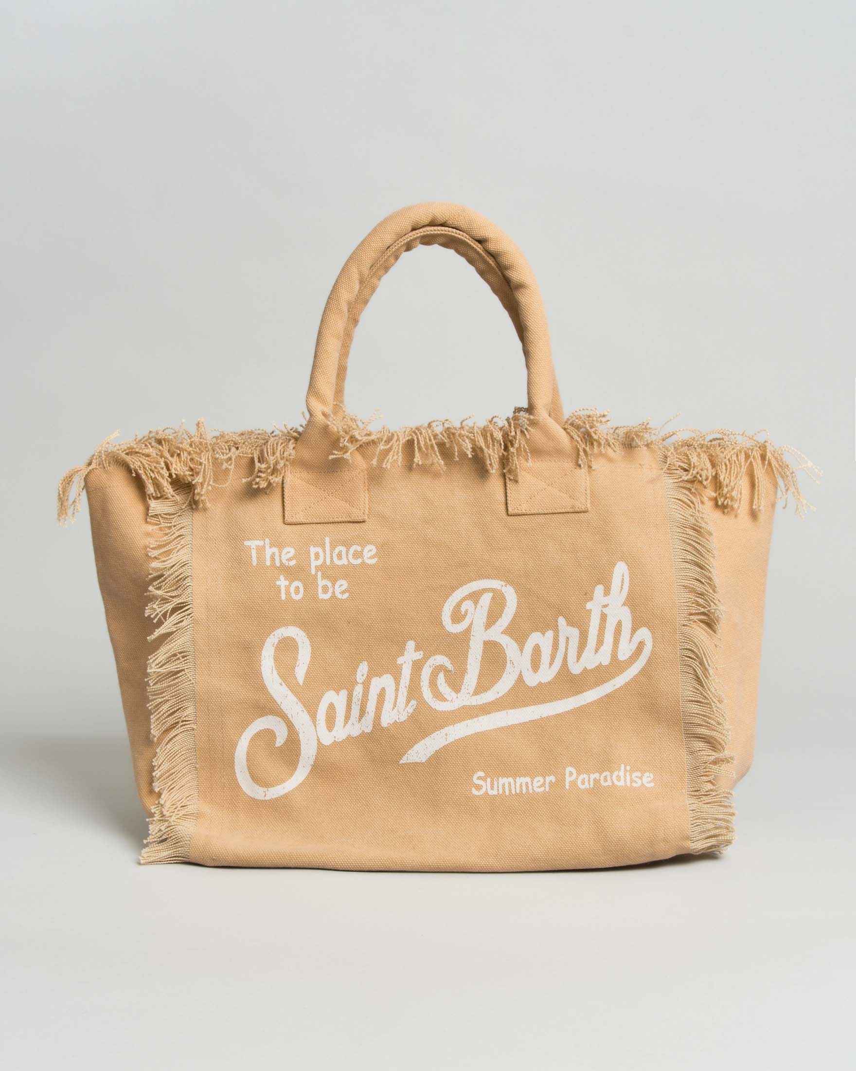 Borsa Vanity beige in cotone con scritta logo stampata e frange lungo i profili