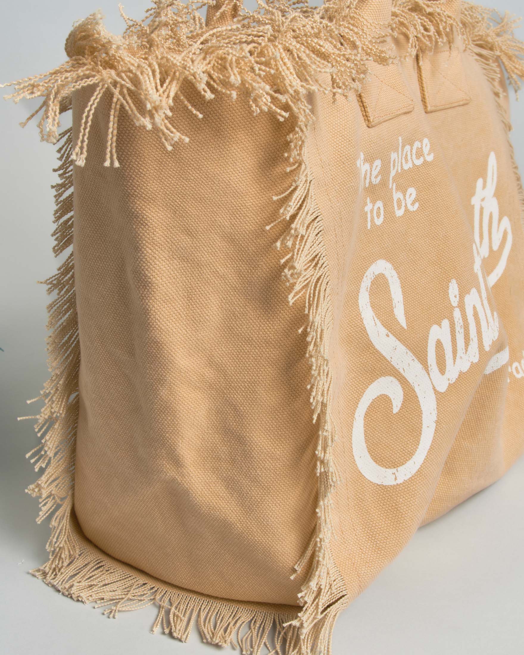 Borsa Vanity MC2 Saint Barth beige in cotone con scritta logo stampata e frange lungo i profili image